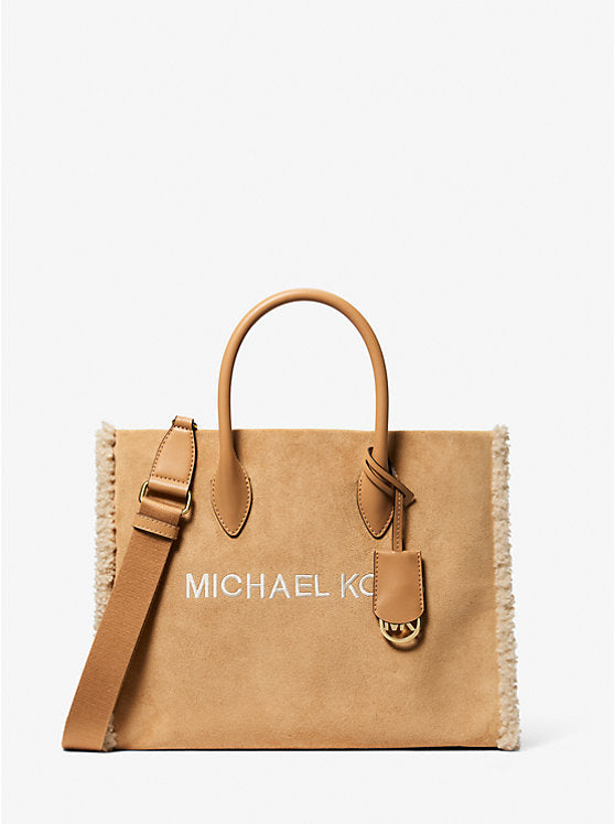 Women's Michael Kors Mirella Medium Suede and Faux Shearling Tote Bag PEANUT