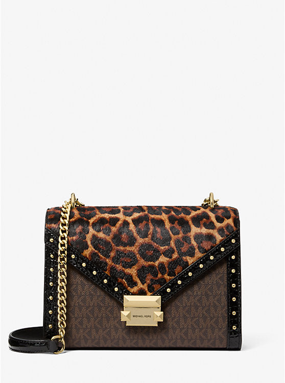 Womens' Michael Kors Whitney Leopard Print Calf Hair and Signature Logo Shoulder Bag BUTTERSCOTCH