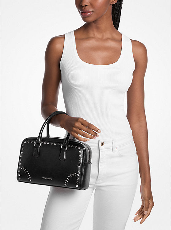 Michael Kors WOMENS' Thompson Medium Distressed Studded Satchel black