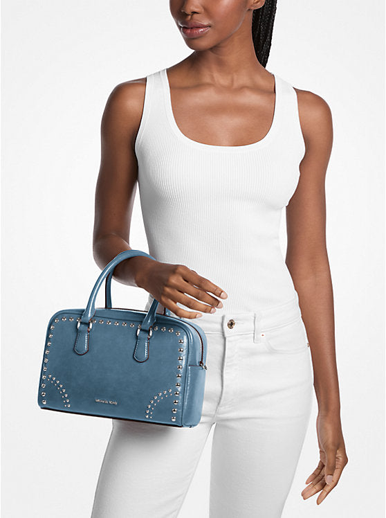 Michael Kors WOMENS' Thompson Medium Distressed Studded Satchel CORNFLOWER