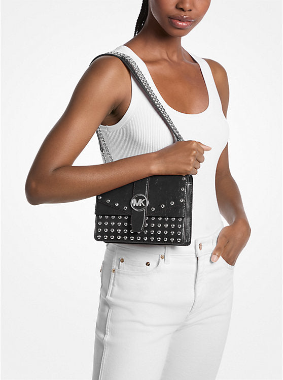 Michael Kors WOMENS' Greenwich Small Studded Distressed Crossbody Bag BLACK