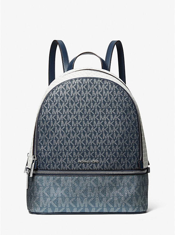 Women's Michael Kors Jaycee Rhea Medium Metallic Signature Logo Backpack NAVY