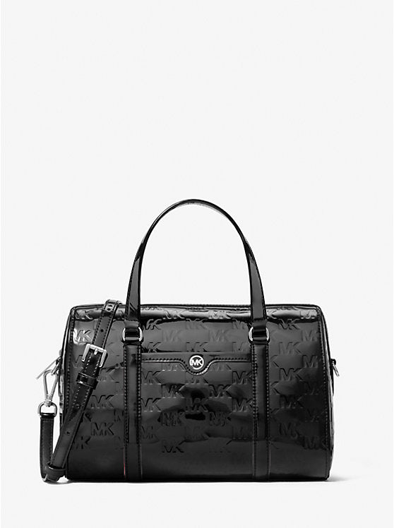 Women's Michael Kors Jet Set Medium Patent Logo Debossed Duffel Crossbody Bag BLACK