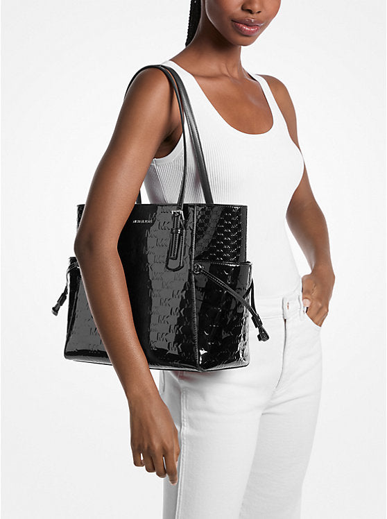 Women's Michael Kors Voyager Large Patent Logo Debossed Tote Bag BLACK