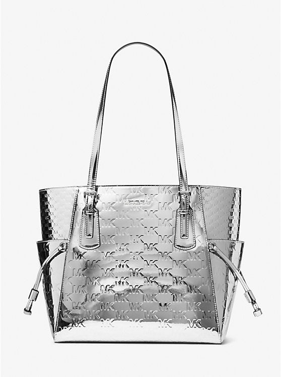 Women's Michael Kors Voyager Large Patent Logo Debossed Tote Bag SILVER