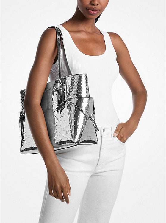 Women's Michael Kors Voyager Large Patent Logo Debossed Tote Bag SILVER