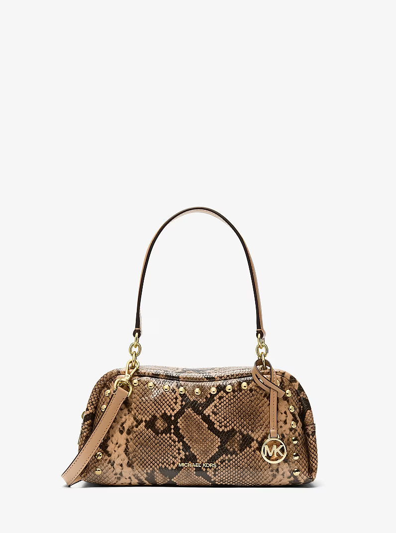 Michael Kors Women's Cecily Small Studded Snake Embossed Shoulder Bag-CAMEL