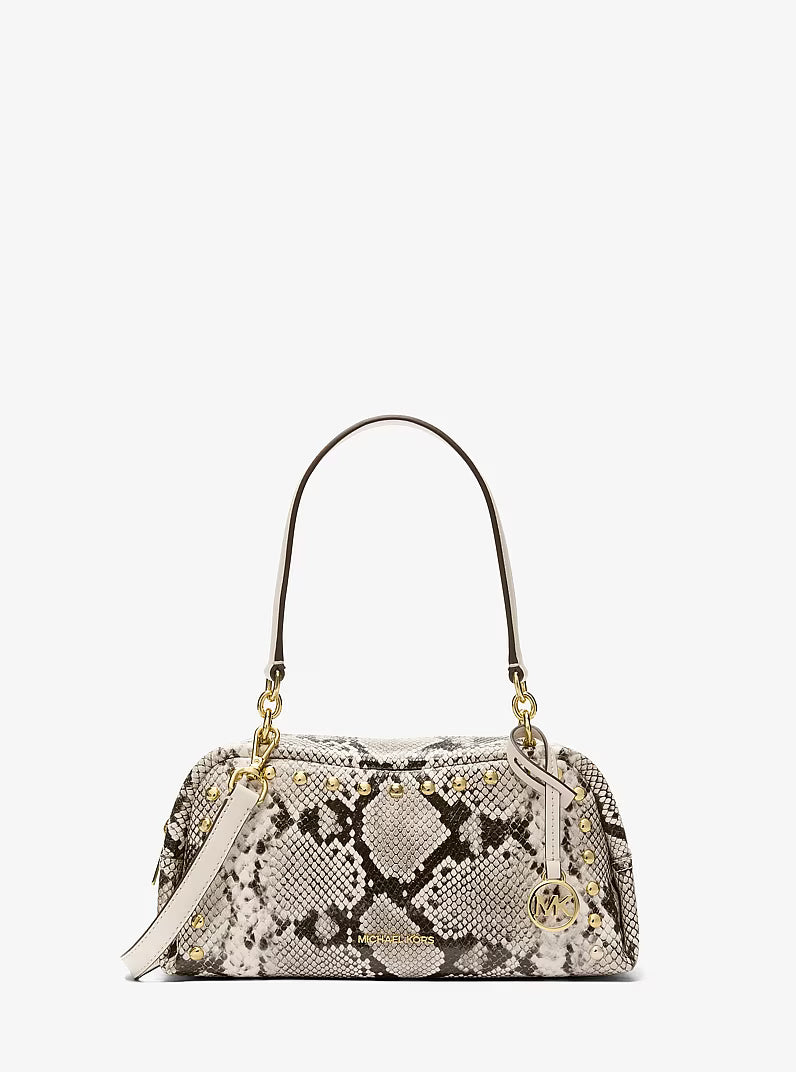 Michael Kors Women's Cecily Small Studded Snake Embossed Shoulder Bag-LT CREAM