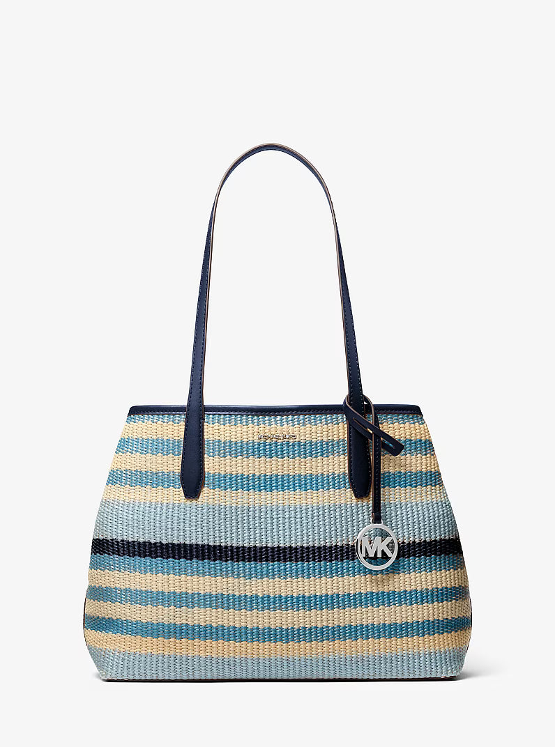Michael Kors Women's Avalon Medium Striped Woven Tote Bag-Navy