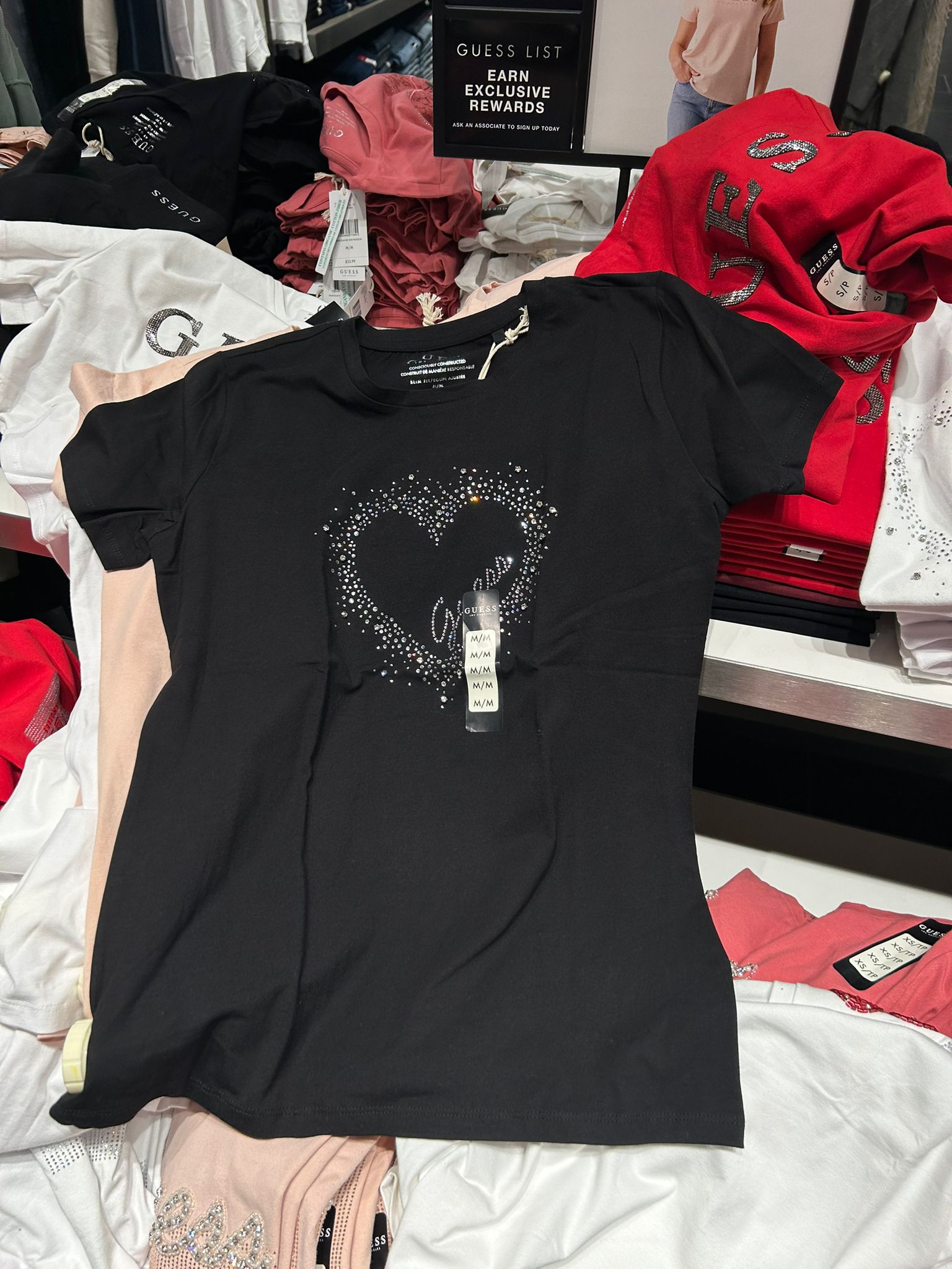 GUESS Women's Rhinestones front logo t-shirt-Black cotton