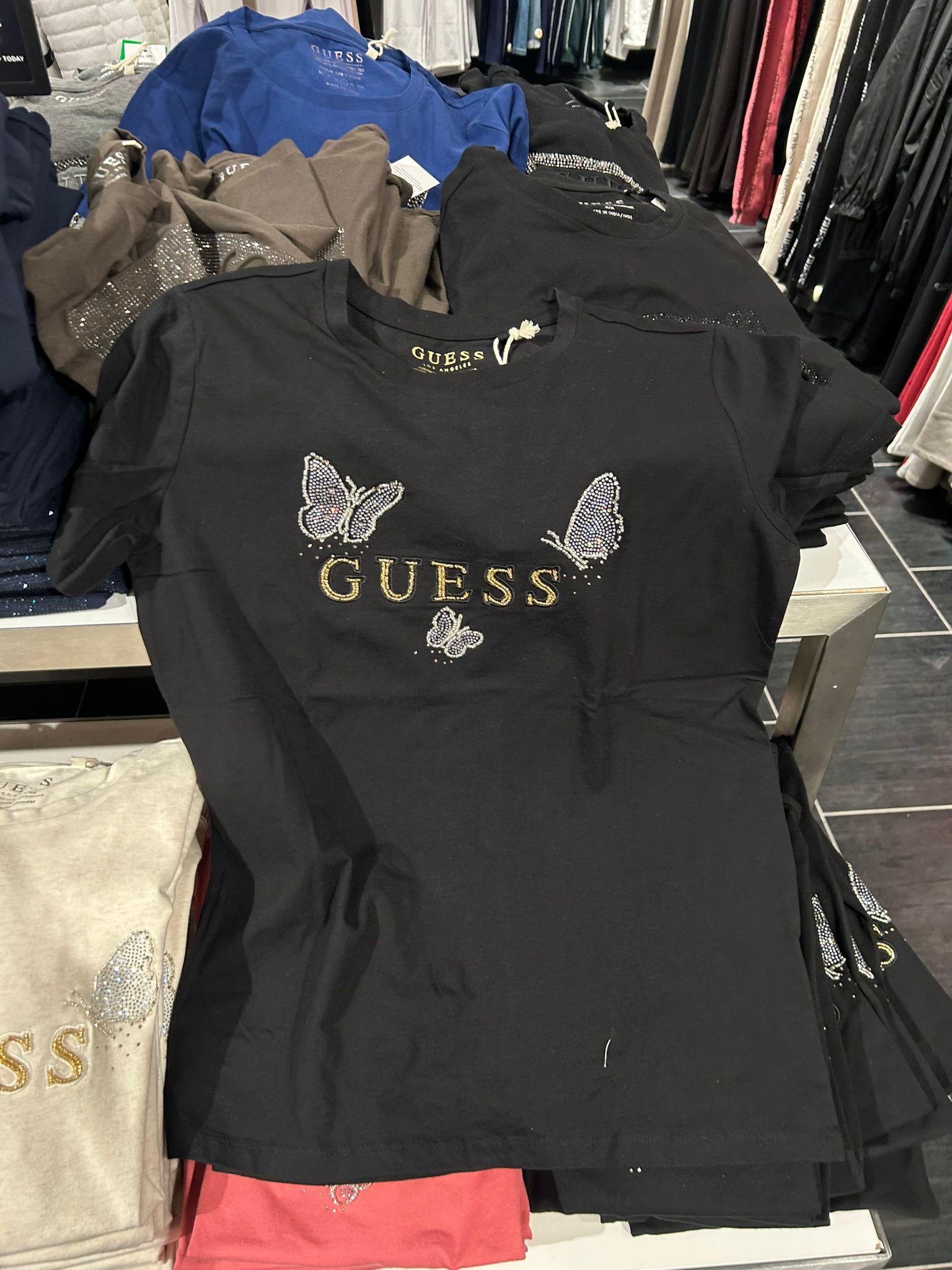 GUESS®  Butterflies Rhinestones logo t-shirt Women-Black