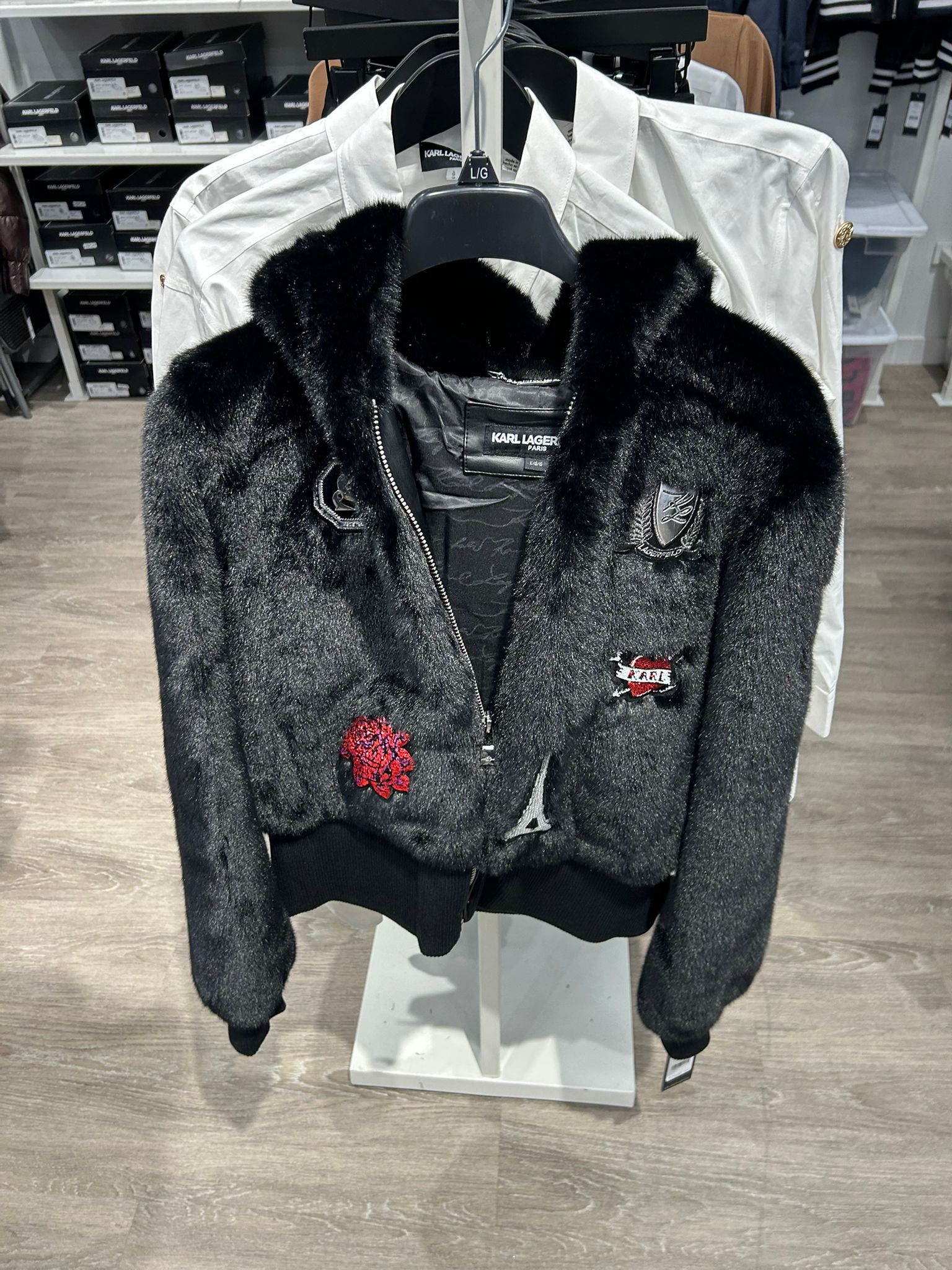 Karl Lagerfeld Paris Women's FAUX FUR PATCH BOMBER