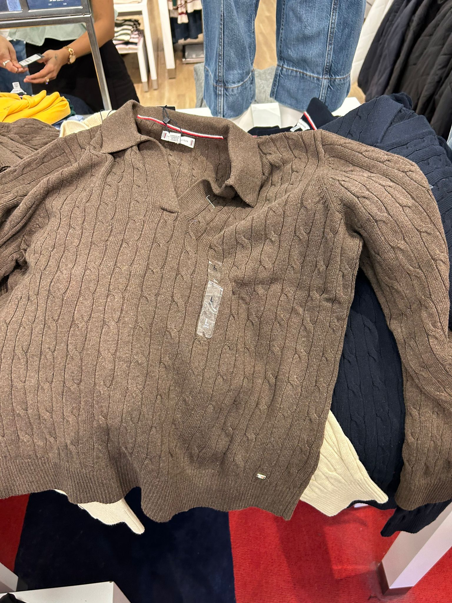 Womens' Tommy Open Placket Cable Knit Sweater Polo BROWN