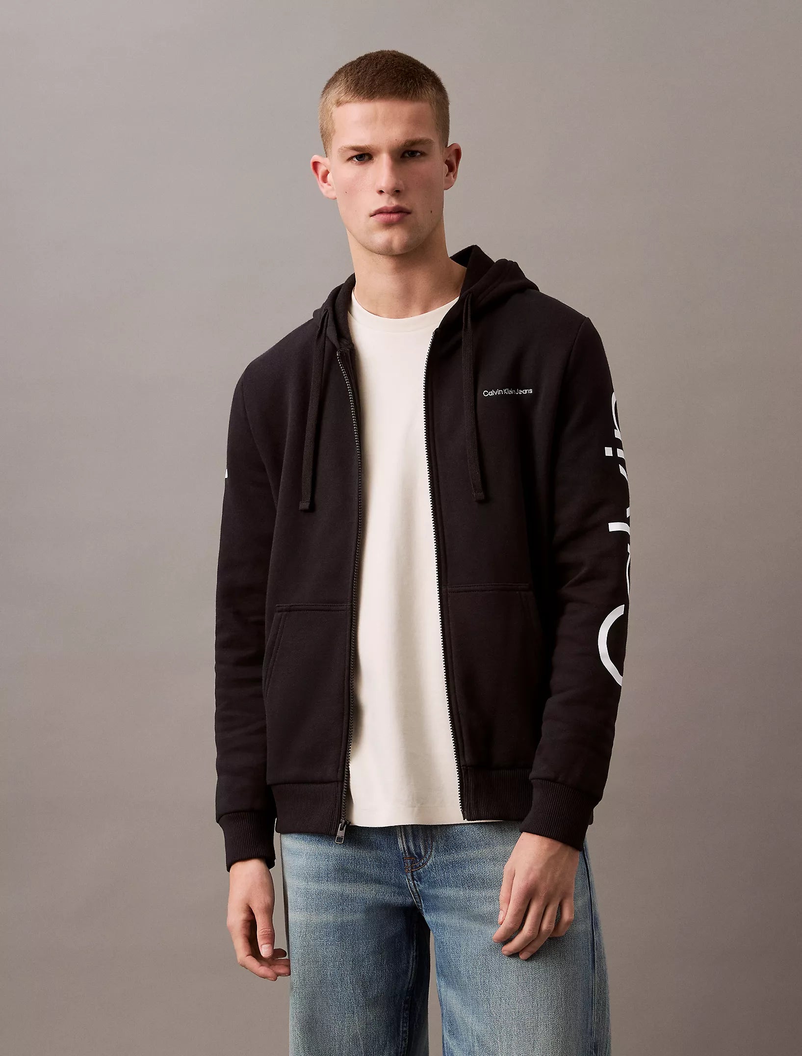 Calvin Klein Mens' Fleece Vertical Logo Classic Zip Hoodie (BLACK)