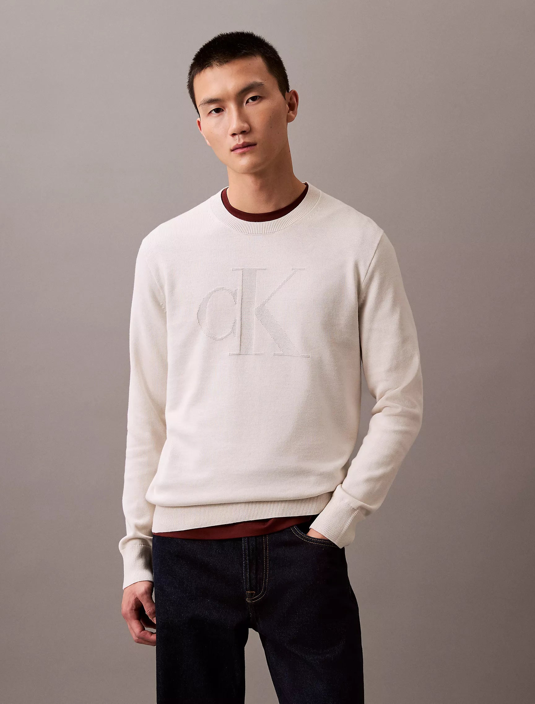 CALVIN KLEIN Mens' Smooth Cotton Monogram Sweater Chalk