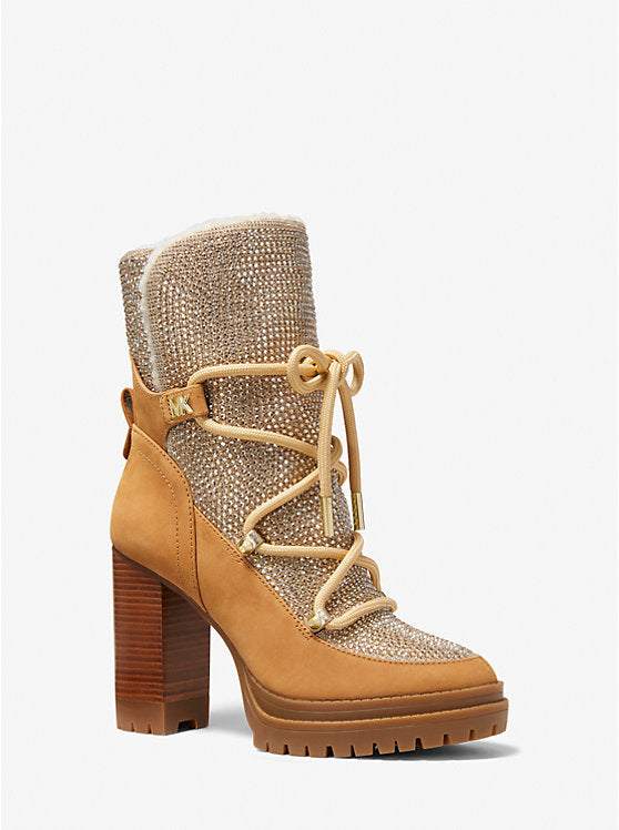 Michael Kors Womens' Culver Embellished Nubuck and Glitter Chain Mesh Lace-Up Boot