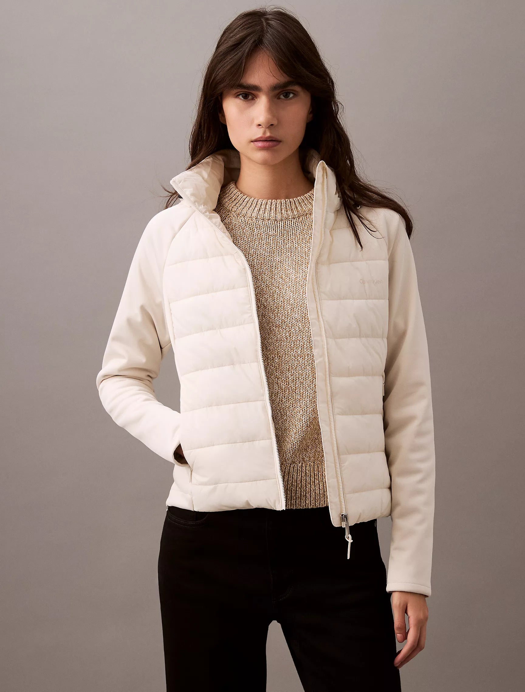 Calvin Klein WOMENS' Mixed Media Puffer Jacket Chalk