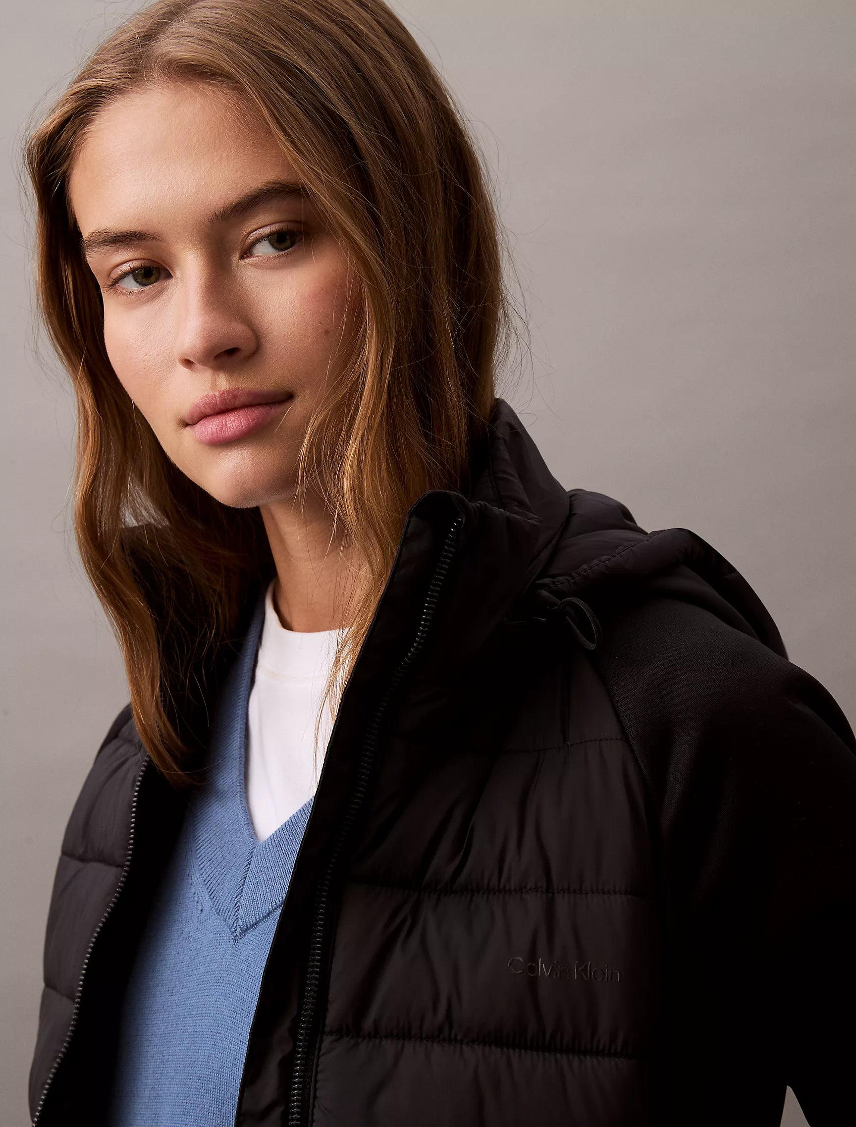 Calvin Klein WOMENS' Mixed Media Puffer Jacket Black Beauty