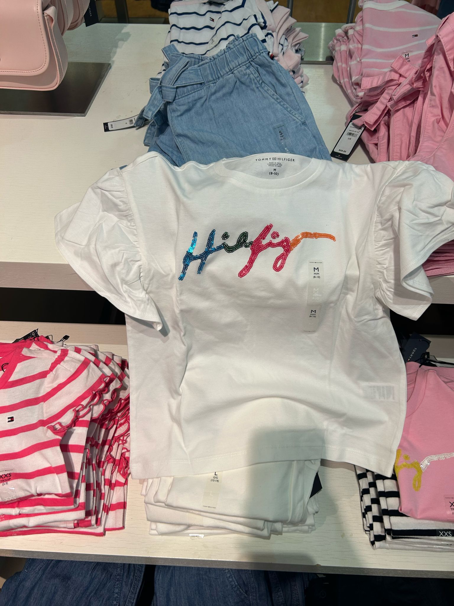 Tommy Girls' Flutter-Sleeve Sequin Logo T-Shirt/ white