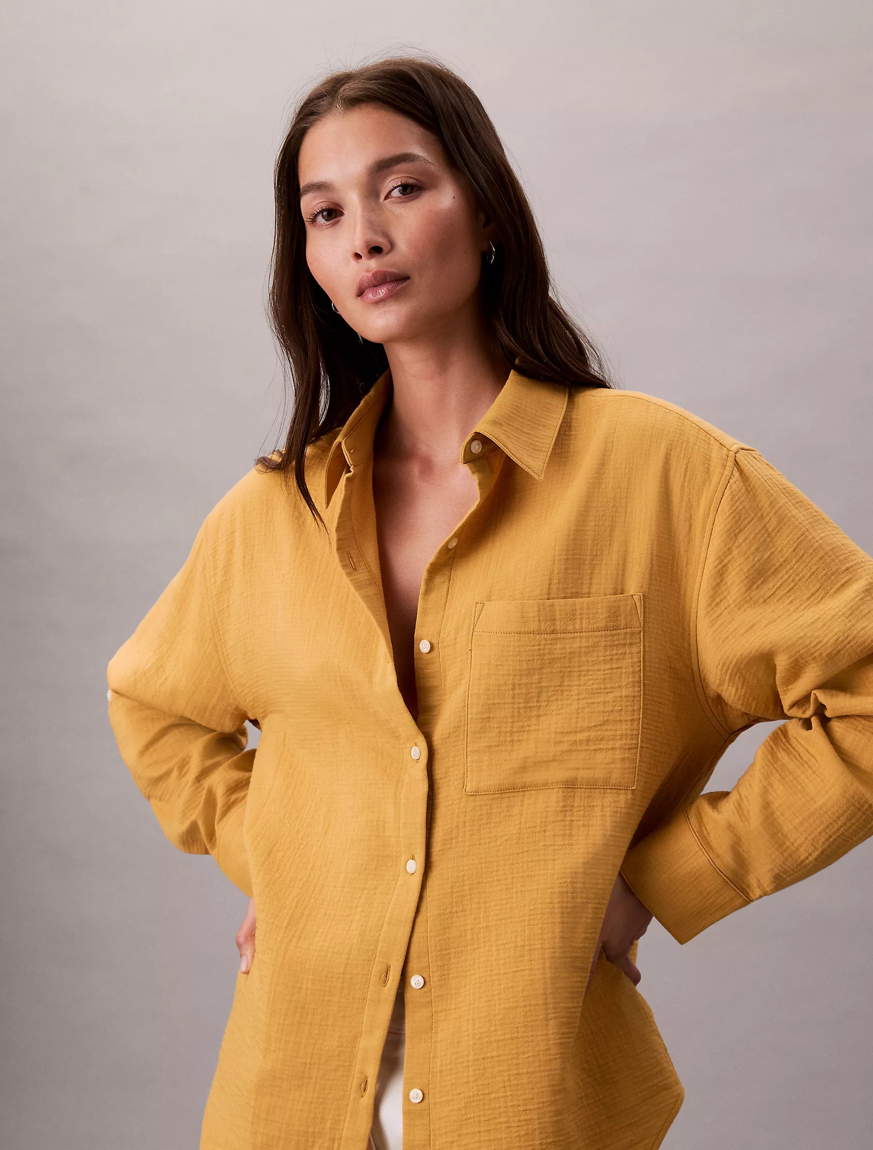 Calvin Klein Womens' Double Gauze Roll Tab Button-Down Shirt/ Amber Gold