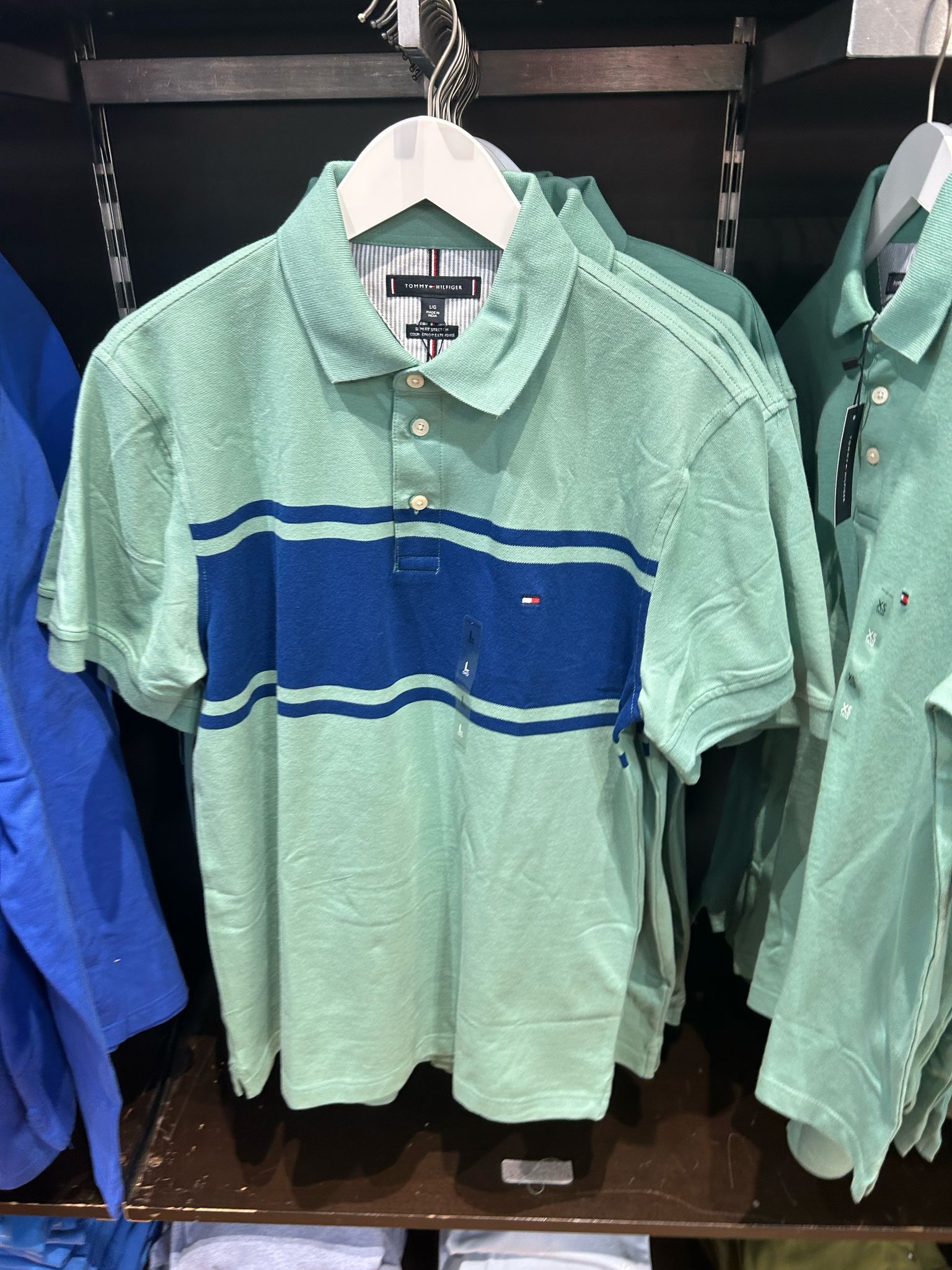 MENS' TOMMY Slim Fit Block Stripe Polo/Frosted Evergreen