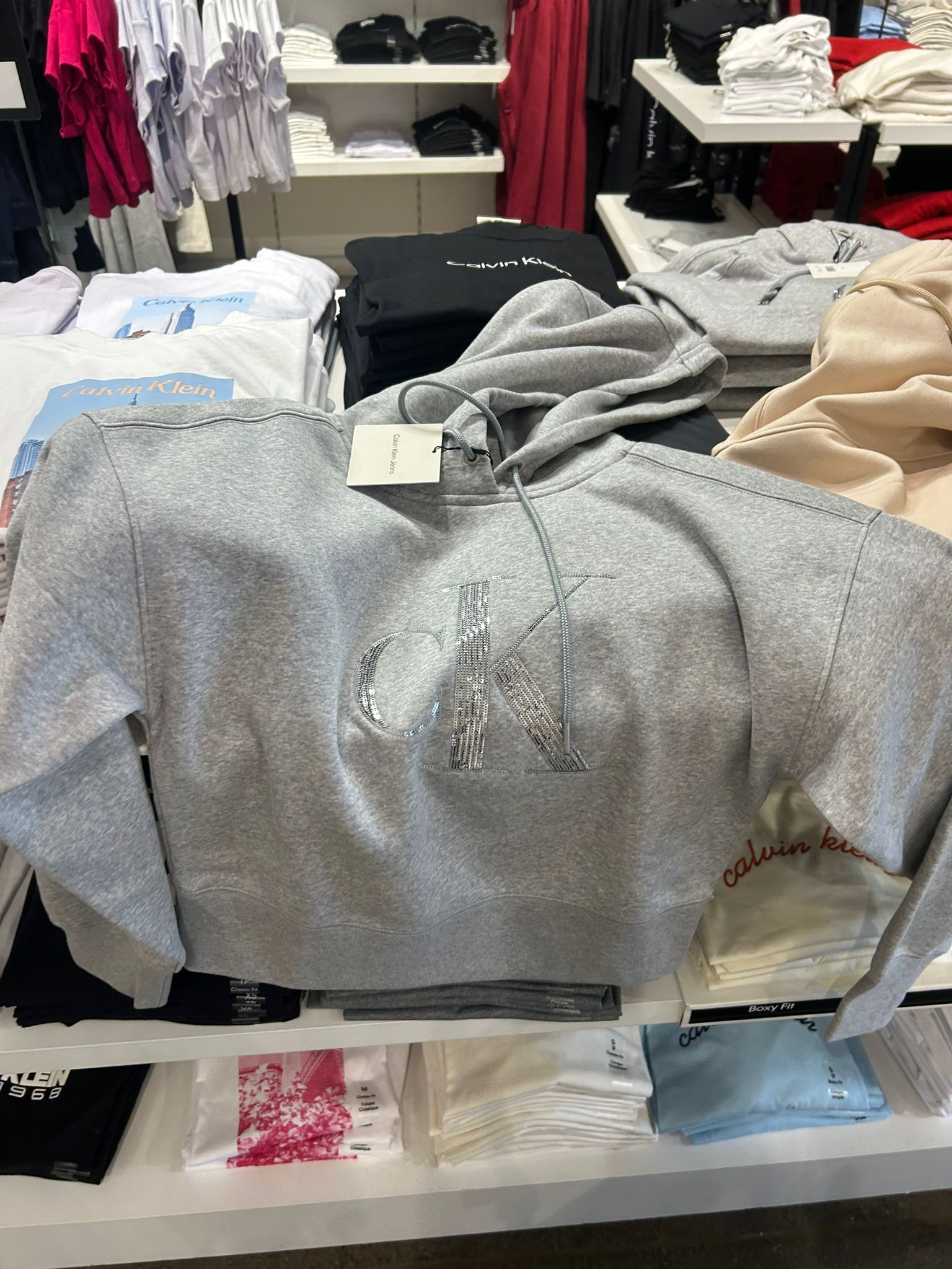 Womens' Calvin Klein Fleece Sequin Monogram Relaxed Hoodie Grey Heather