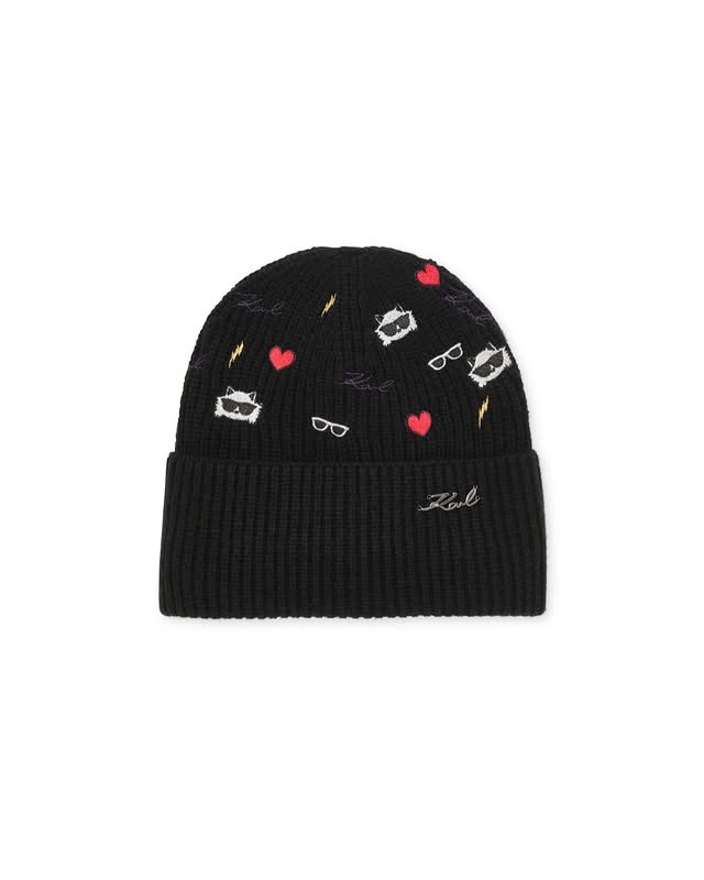 Karl Lagerfeld WOMENS' Beanie Hat Knit Embroidered Cat Heart Sunglasses Black