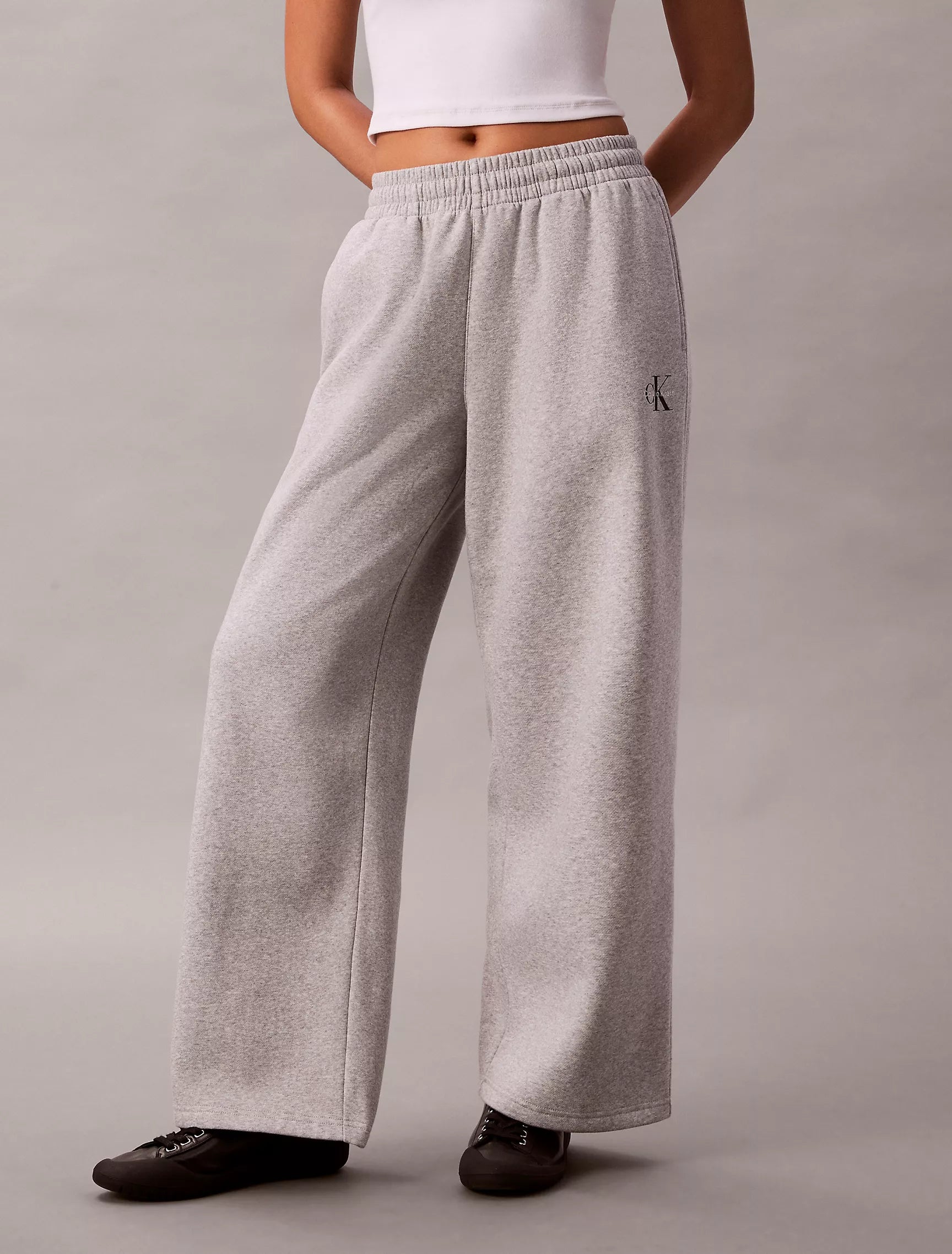 Calvin Klein Womens' Monogram Logo Fleece Wide Leg Sweatpants Heroic Grey Heather