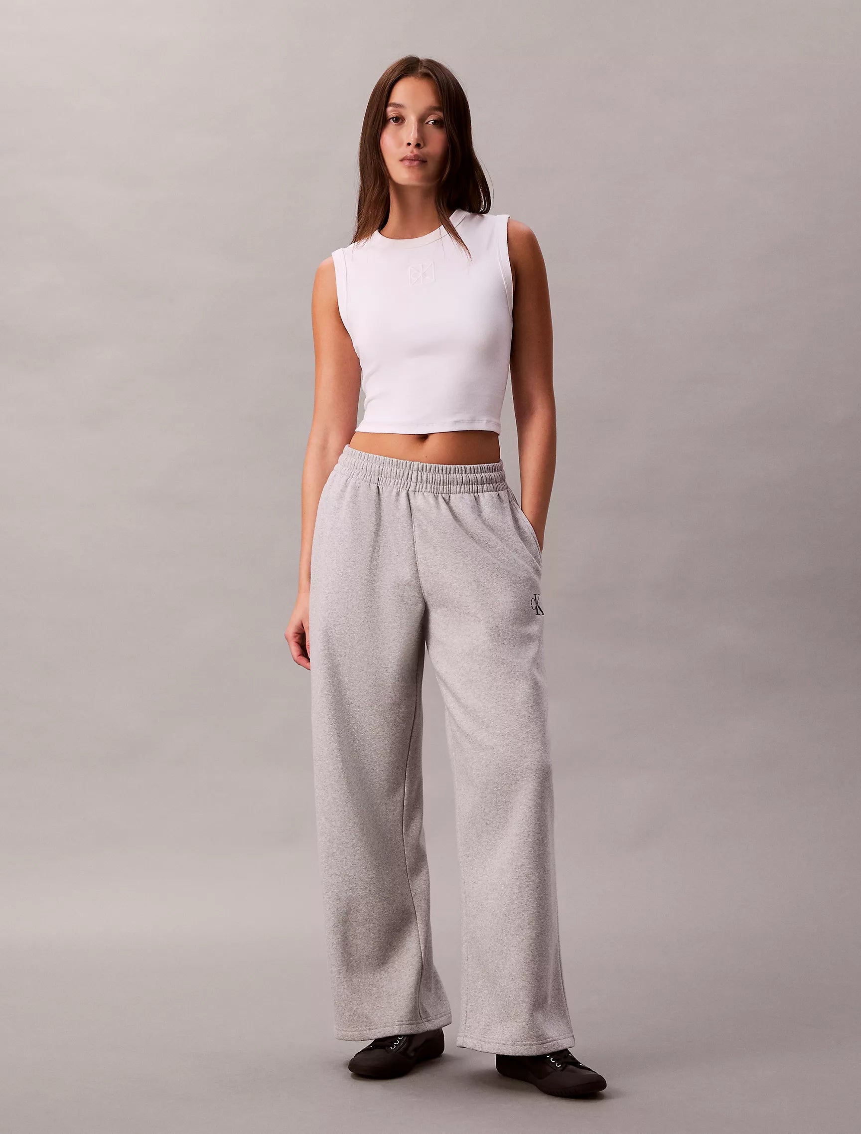 Calvin Klein Womens' Monogram Logo Fleece Wide Leg Sweatpants Heroic Grey Heather