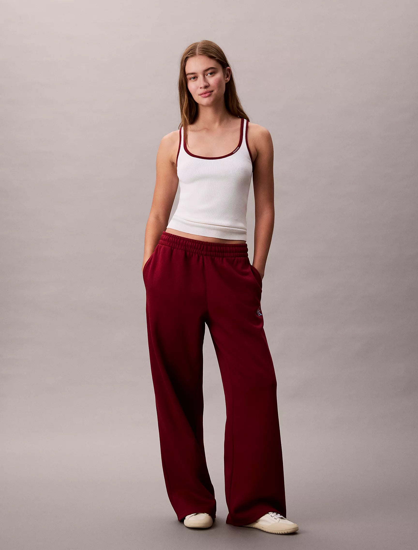 Calvin Klein Womens' Monogram Logo Fleece Wide Leg Sweatpants Magenta Jewel