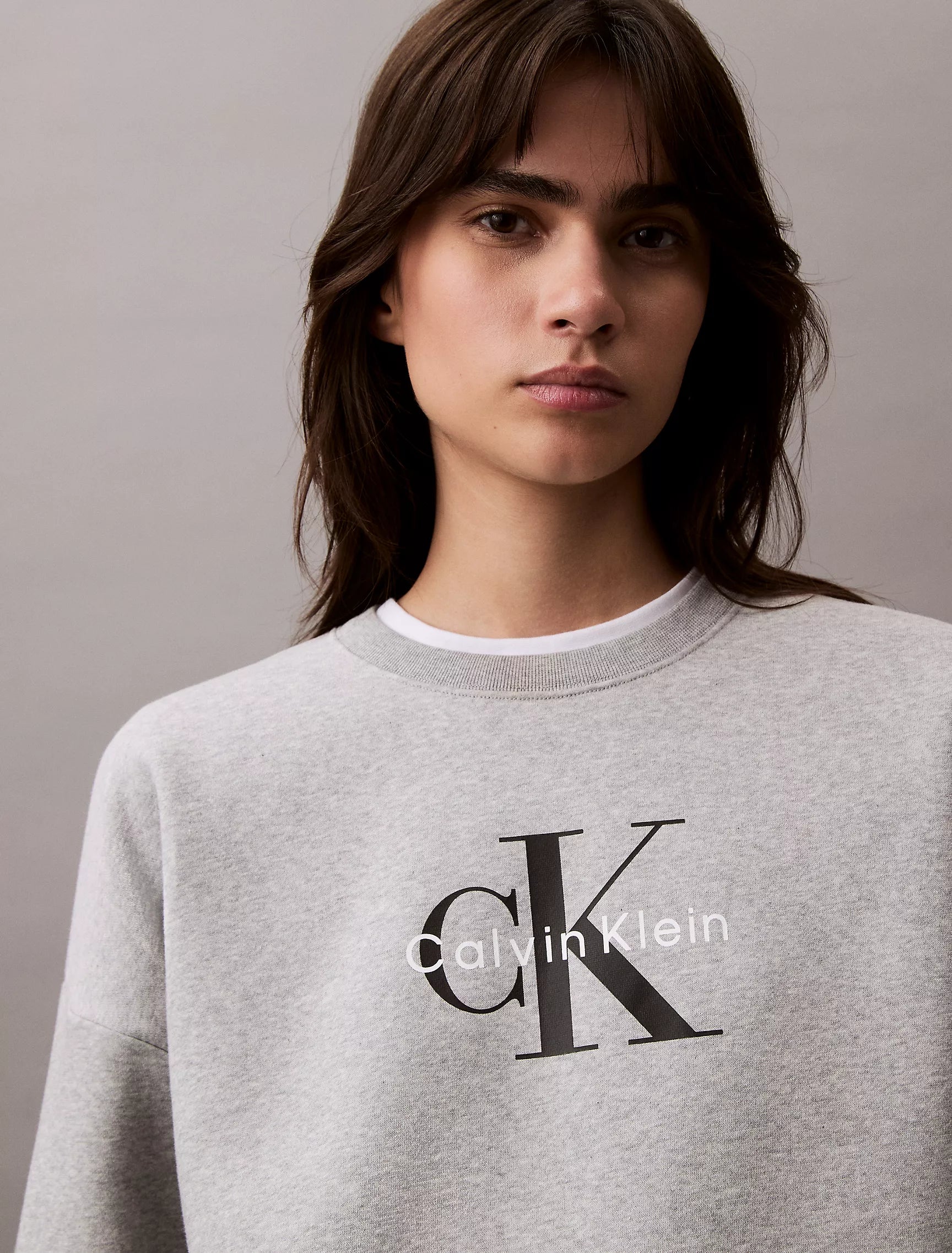 Calvin Klein Womens' Monogram Logo Fleece Relaxed Sweatshirt Heroic Gray Heather