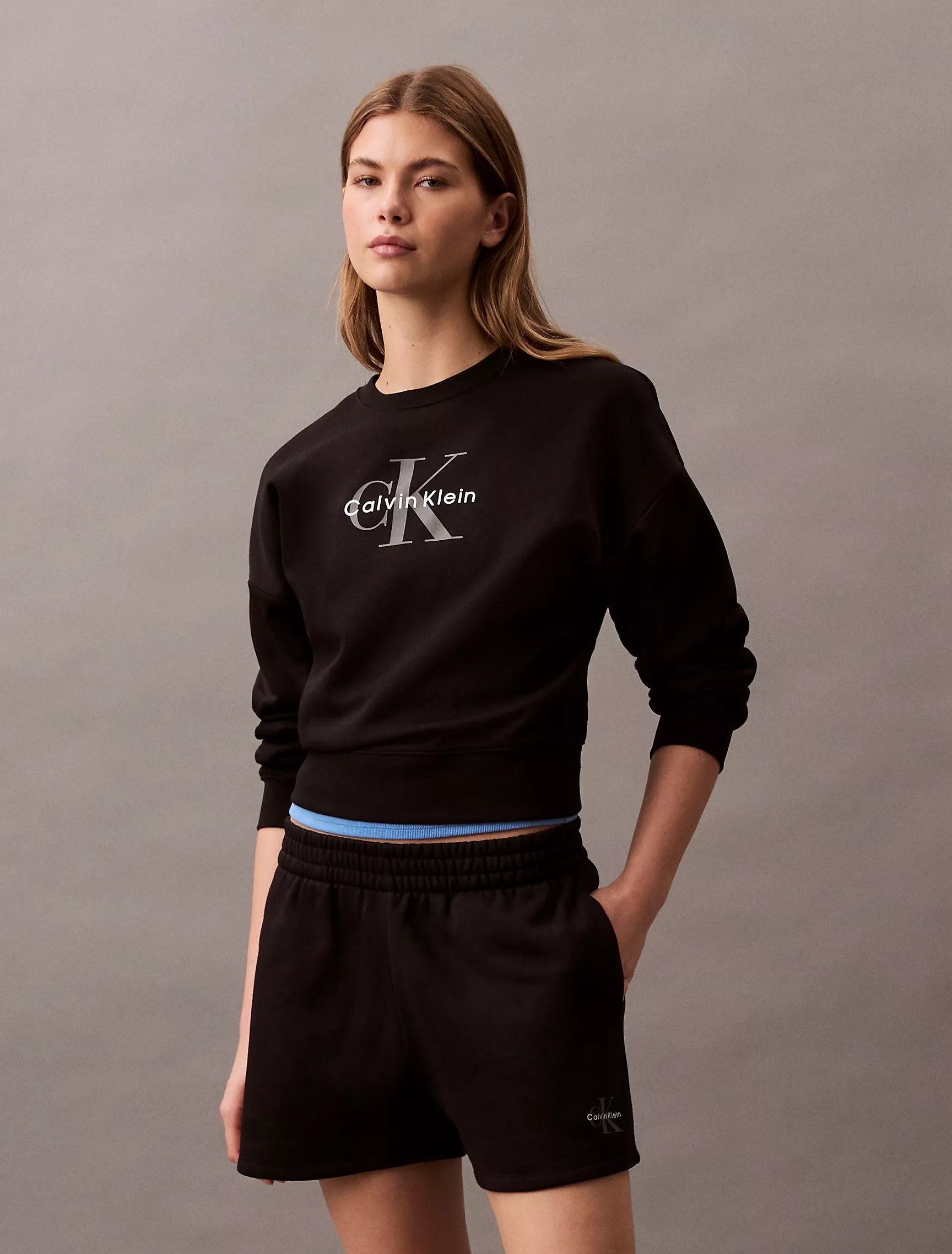 Calvin Klein Womens' Monogram Logo Fleece Relaxed Sweatshirt BLACK
