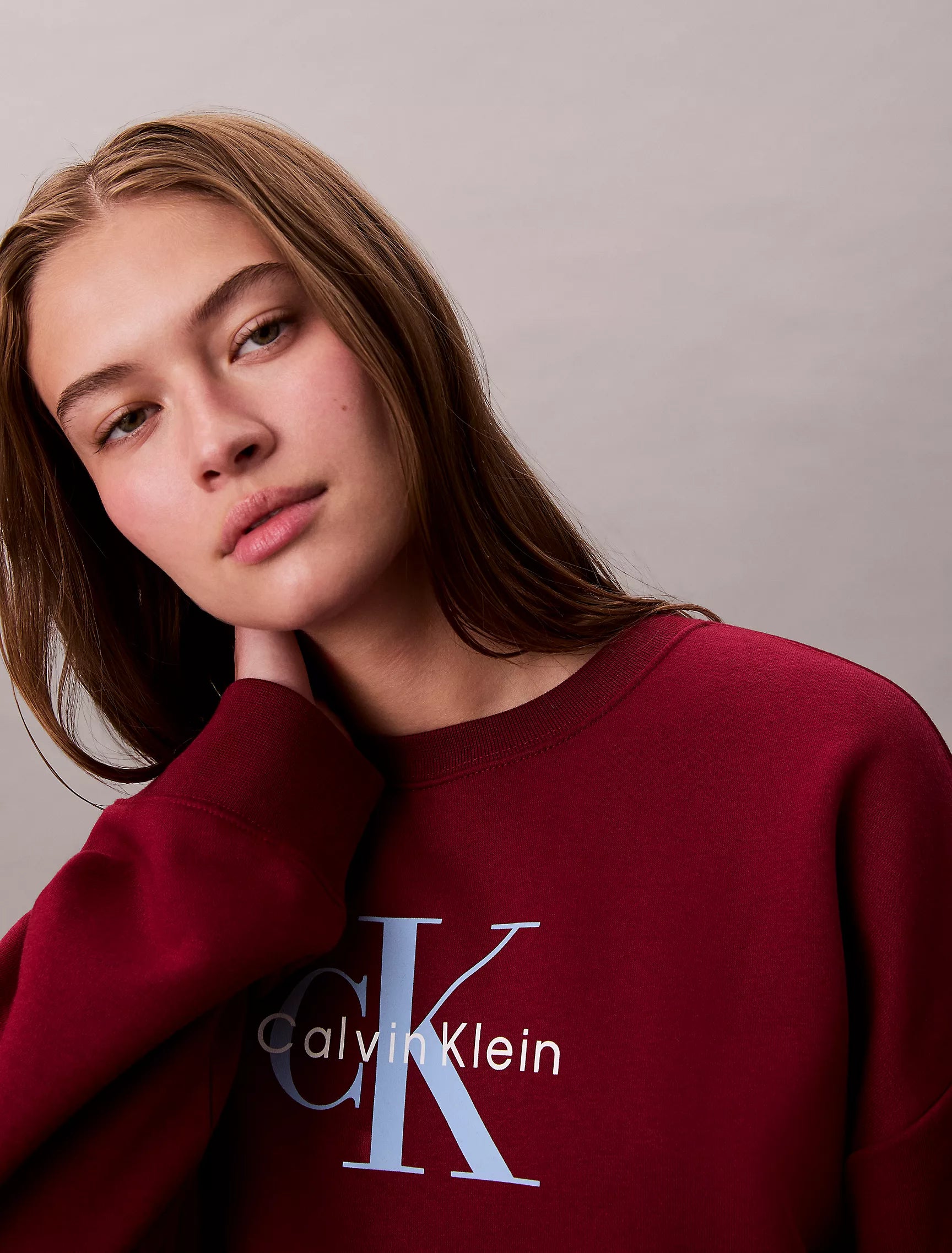 Calvin Klein Womens' Monogram Logo Fleece Relaxed Sweatshirt Magenta Jewel