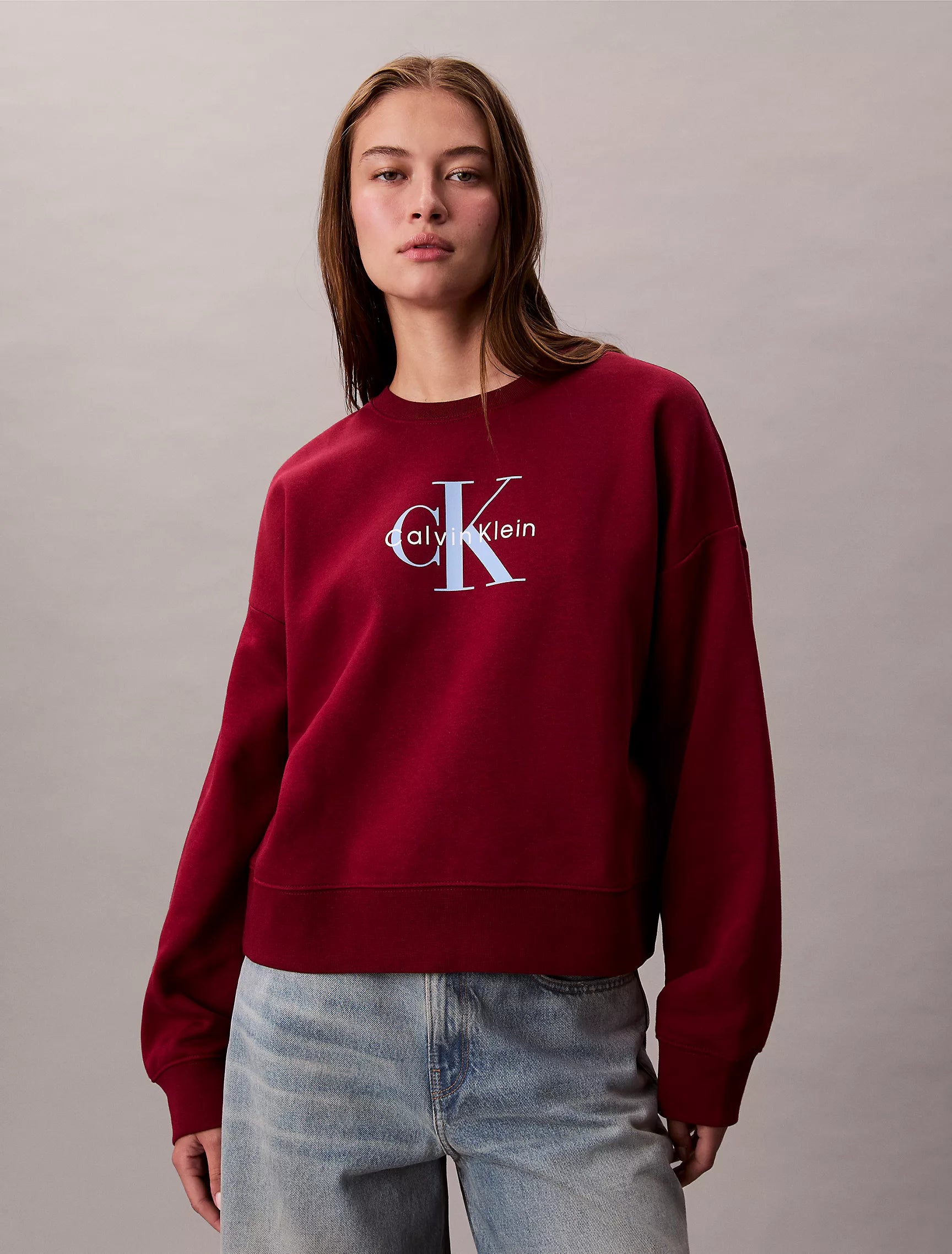 Calvin Klein Womens' Monogram Logo Fleece Relaxed Sweatshirt Magenta Jewel