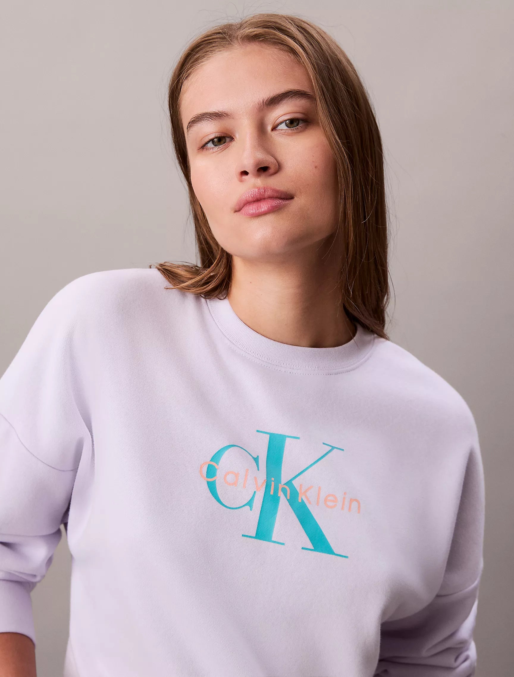 Calvin Klein Womens' Monogram Logo Fleece Relaxed Sweatshirt Lacey Lilac