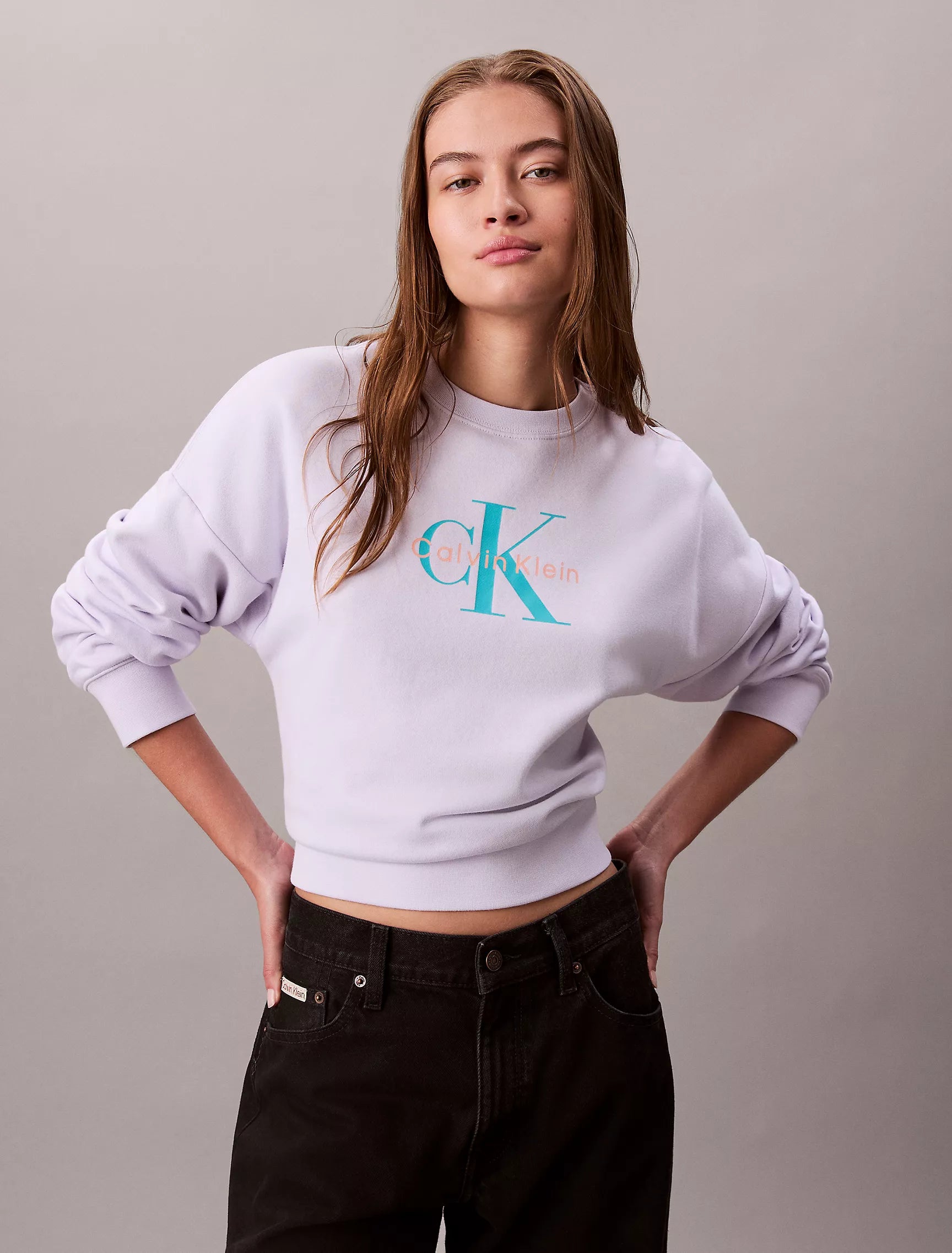 Calvin Klein Womens' Monogram Logo Fleece Relaxed Sweatshirt Lacey Lilac