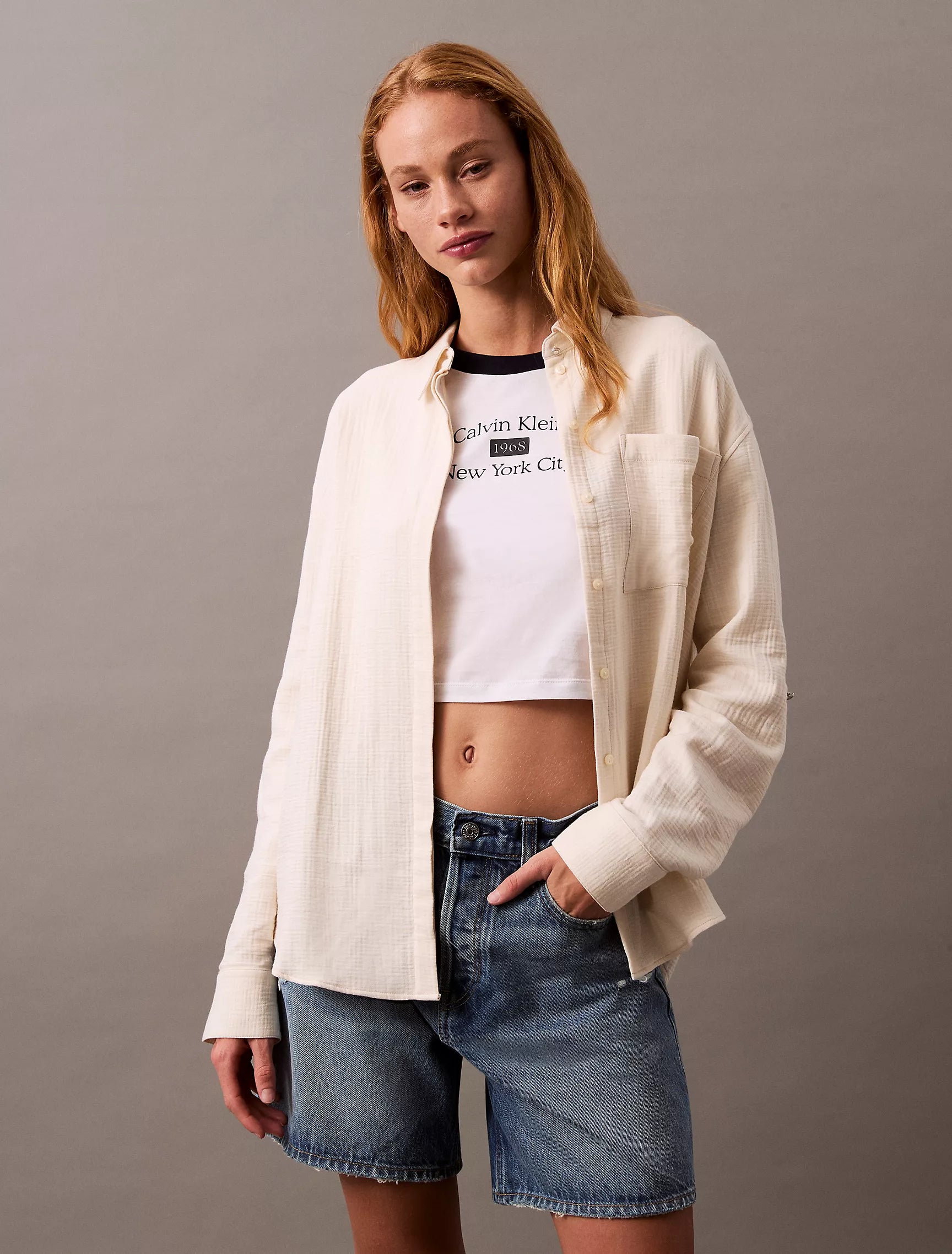 Calvin Klein Womens' Double Gauze Roll Tab Button-Down Shirt/ Chalk