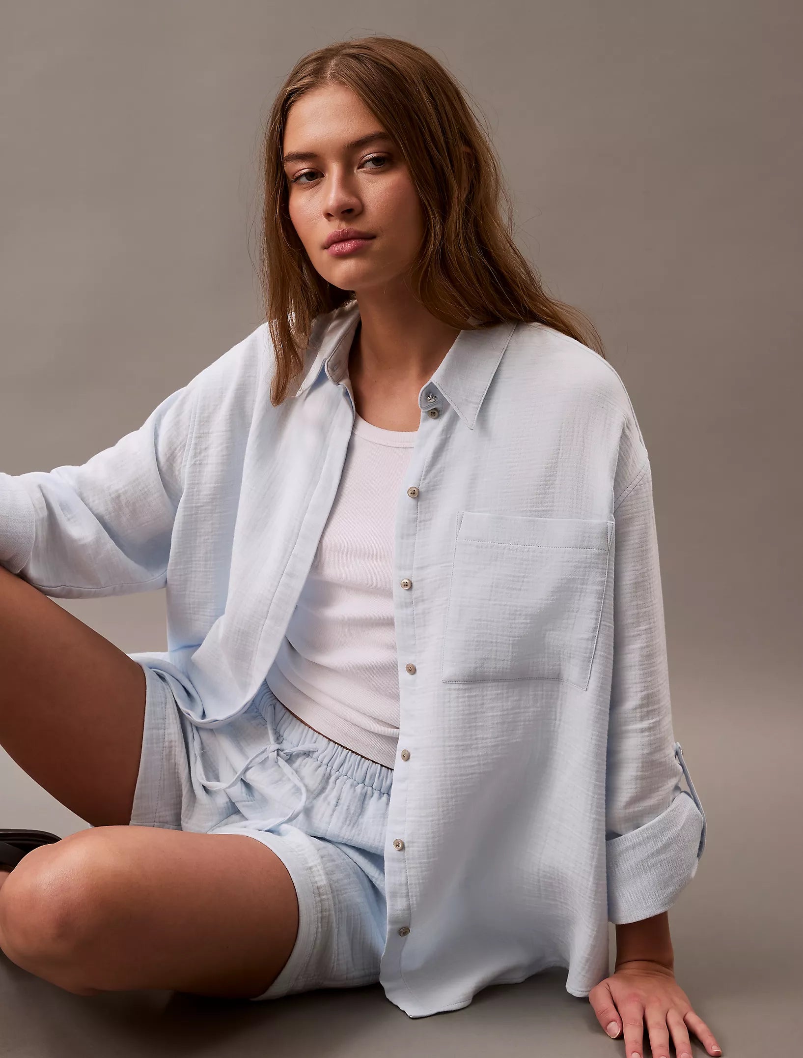 Calvin Klein Womens' Double Gauze Roll Tab Button-Down Shirt