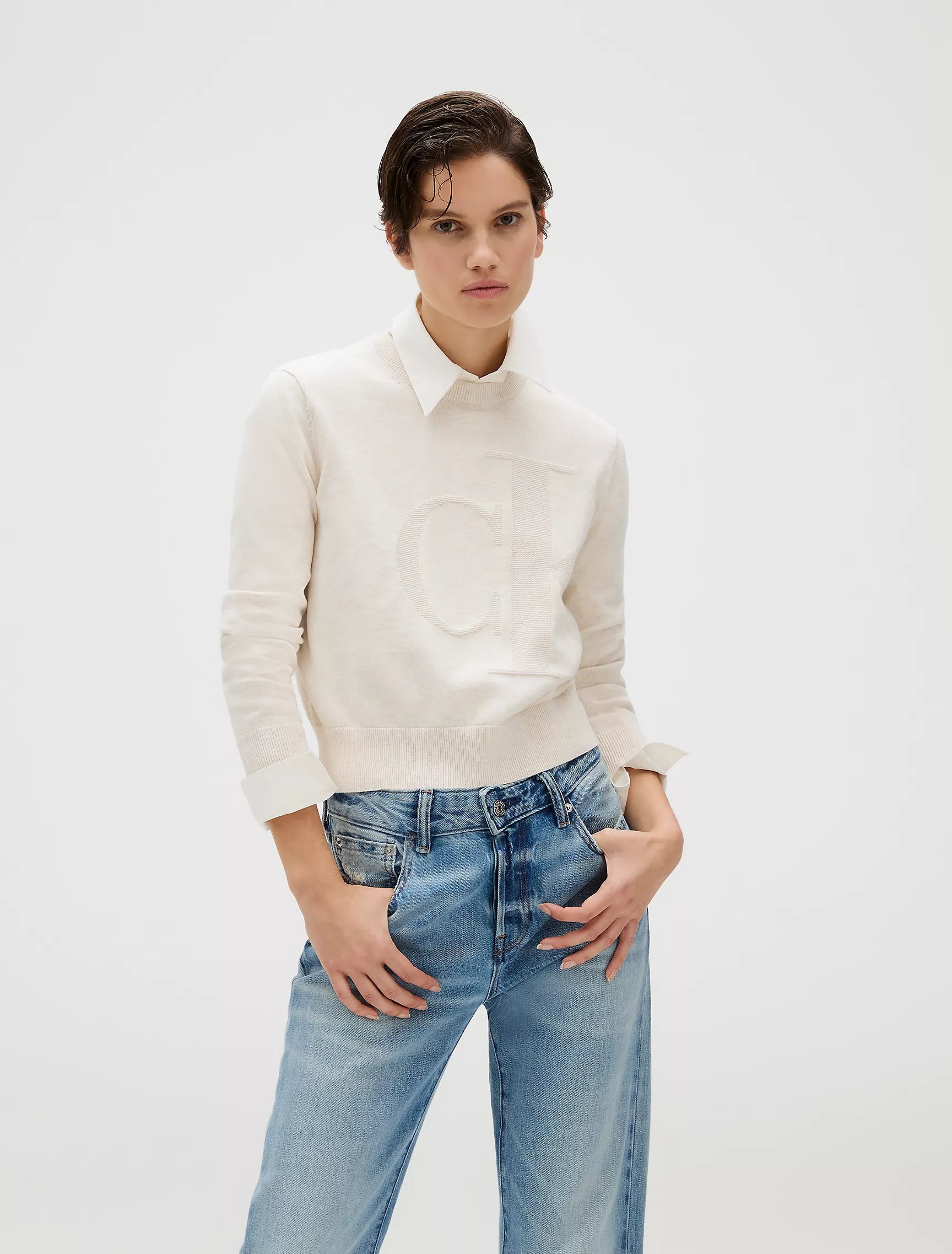 Calvin Klein Womens' Smooth Cotton Monogram Sweater Chalk Heather