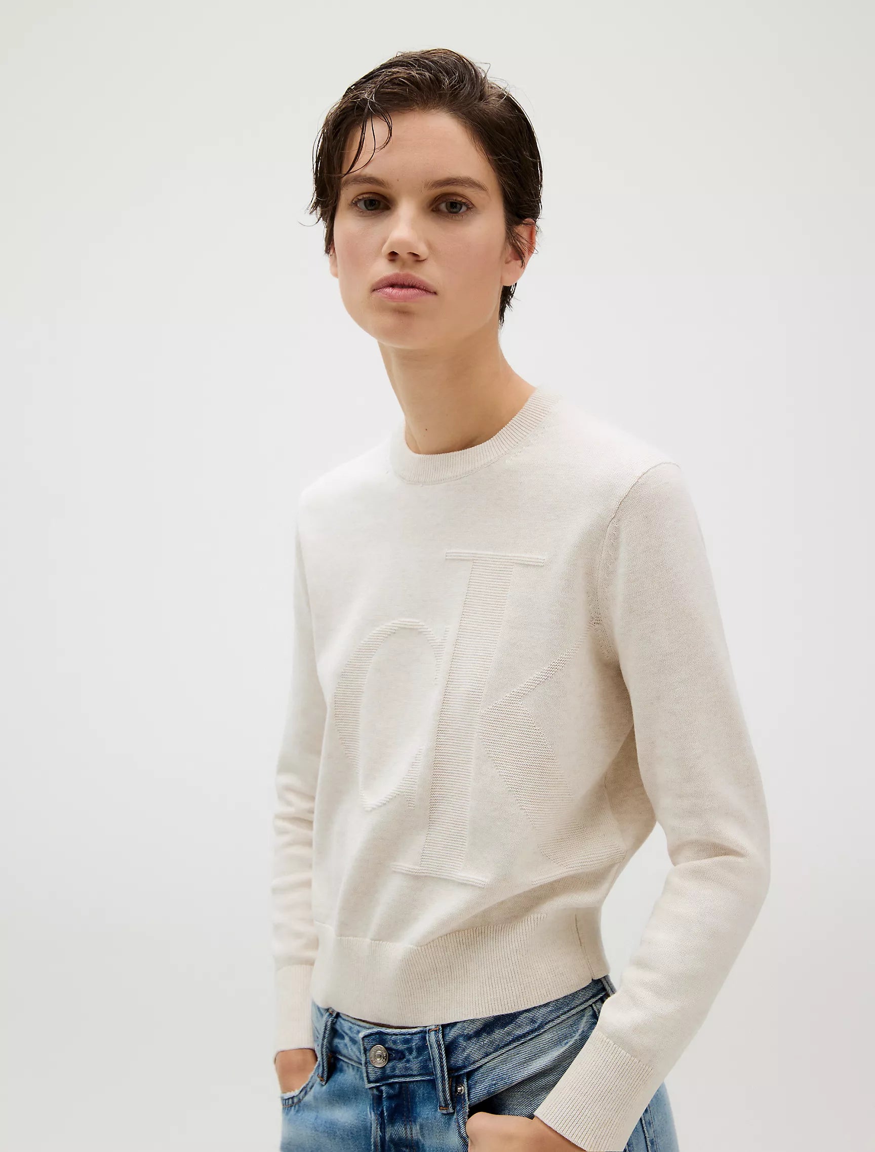 Calvin Klein Womens' Smooth Cotton Monogram Sweater Chalk Heather