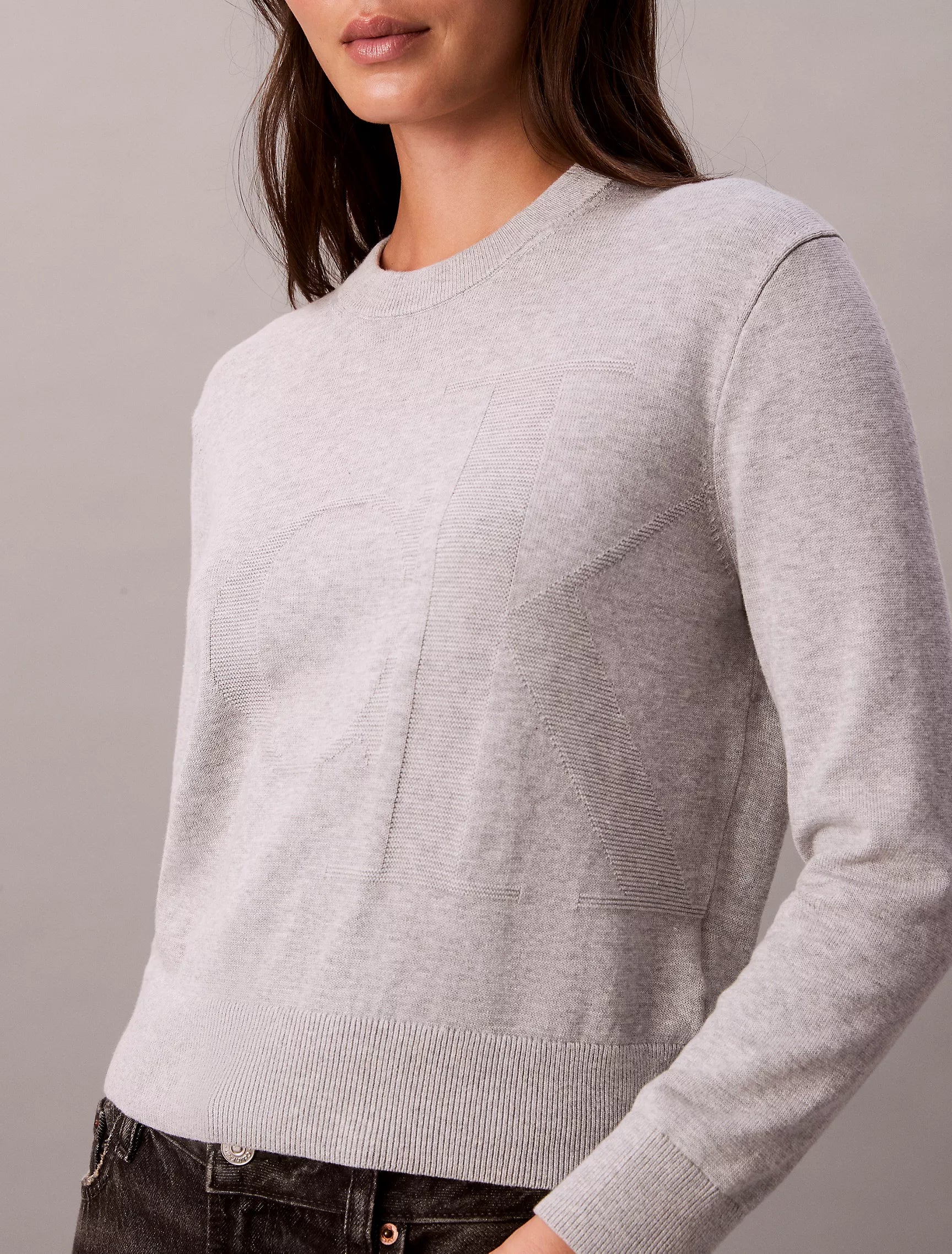 Calvin Klein Womens' Smooth Cotton Monogram Sweater Mid Grey Heather
