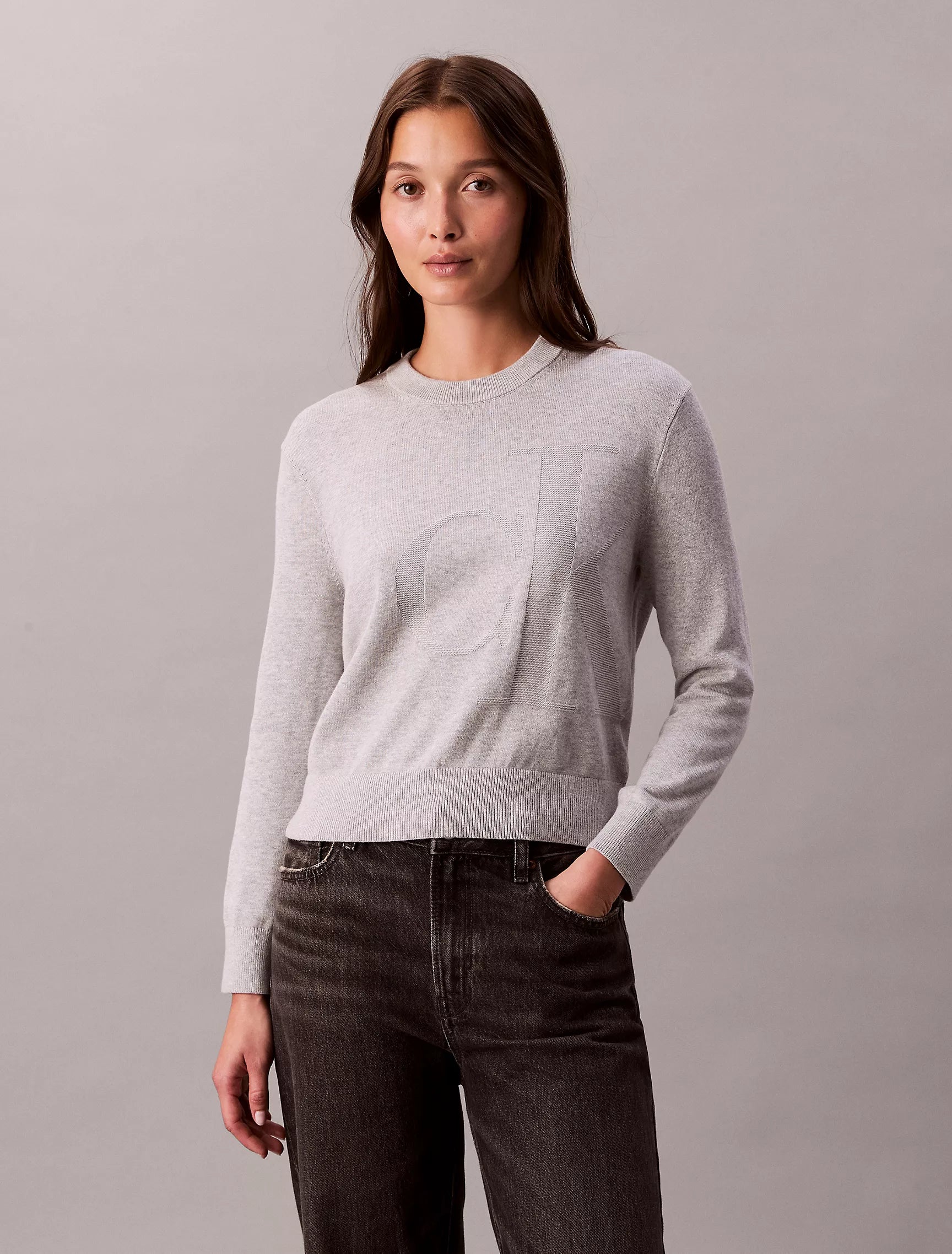 Calvin Klein Womens' Smooth Cotton Monogram Sweater Mid Grey Heather