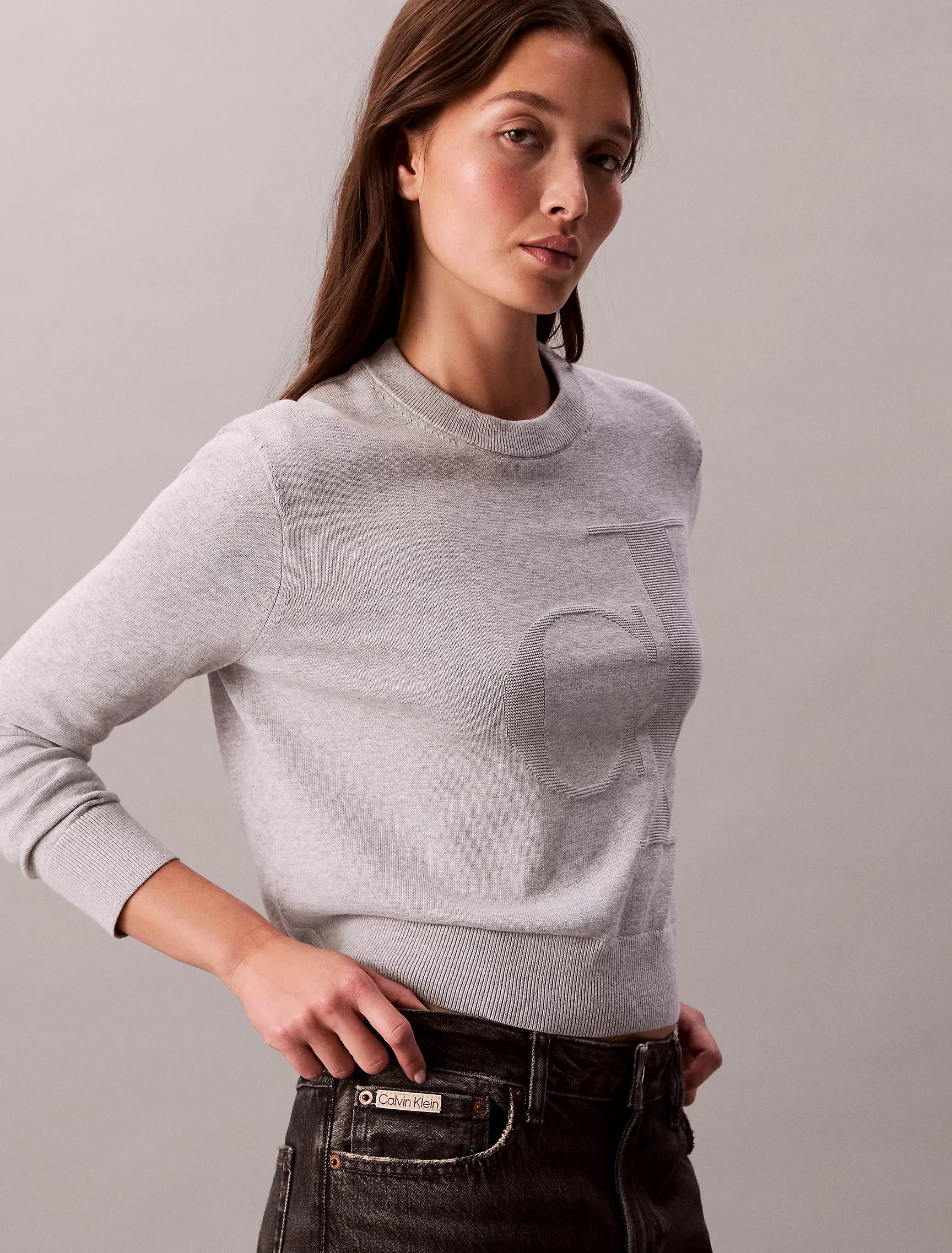 Calvin Klein Womens' Smooth Cotton Monogram Sweater Mid Grey Heather