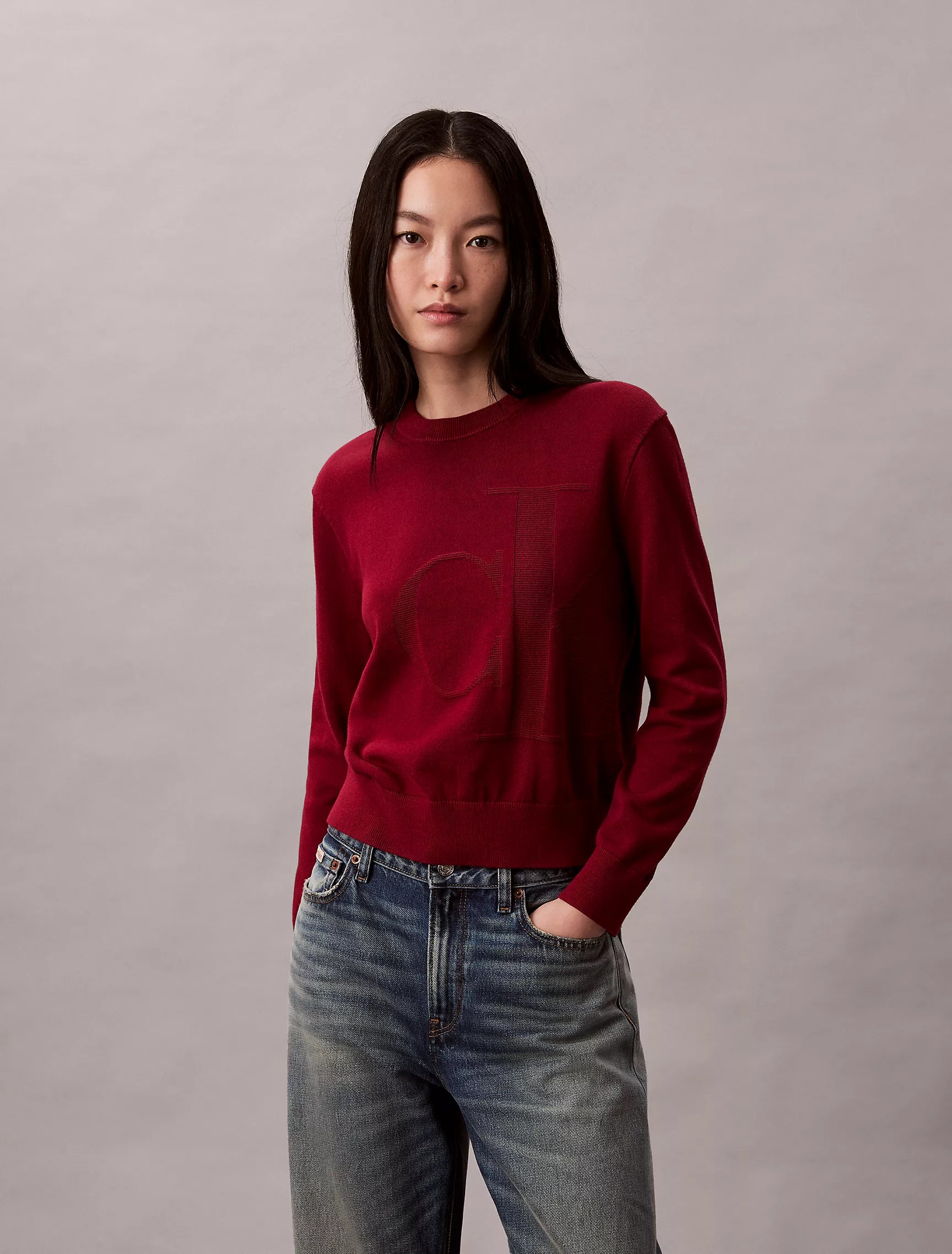 Calvin Klein Womens' Smooth Cotton Monogram Sweater Magenta Jewel