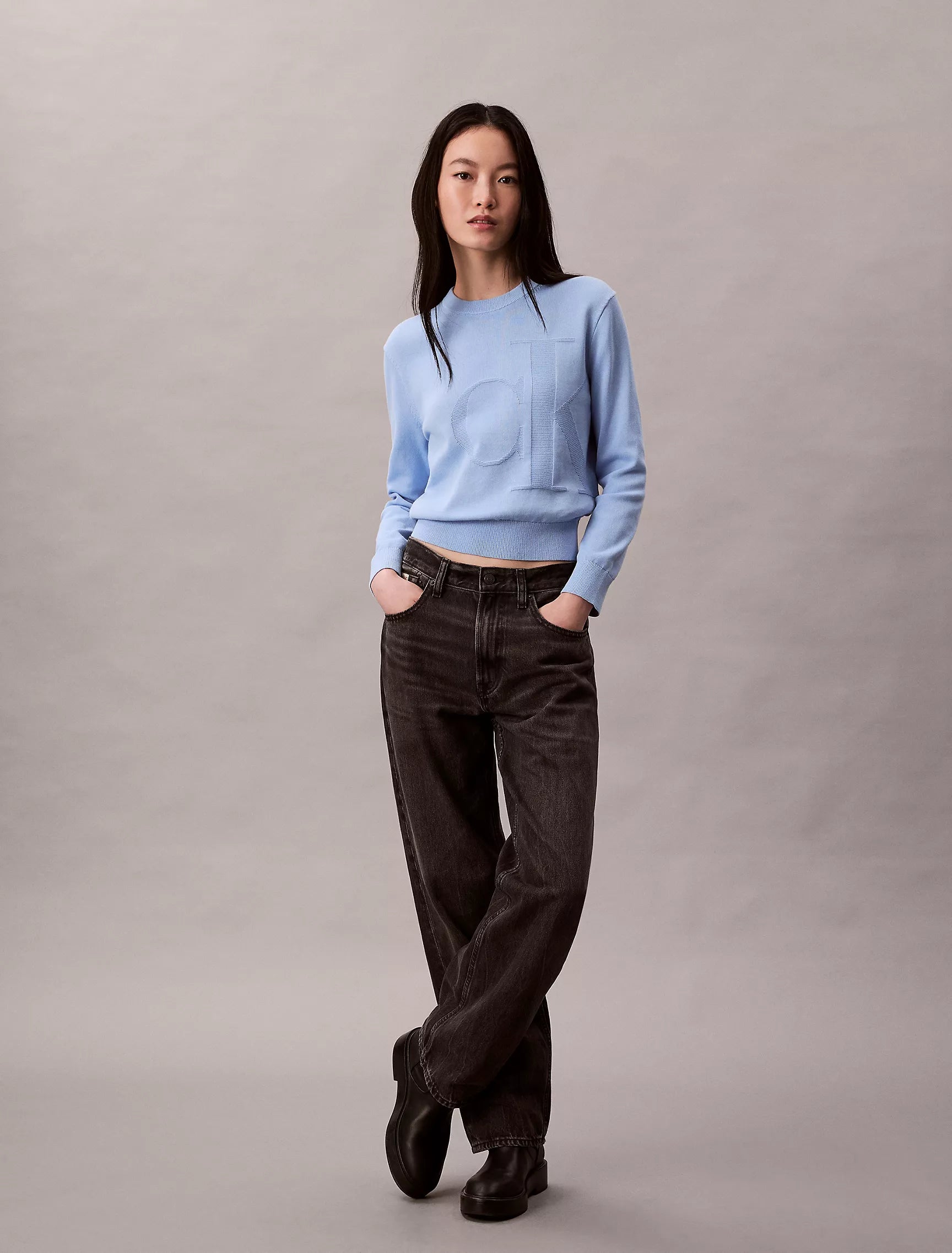 Calvin Klein Womens' Smooth Cotton Monogram Sweater Frozen Fjord