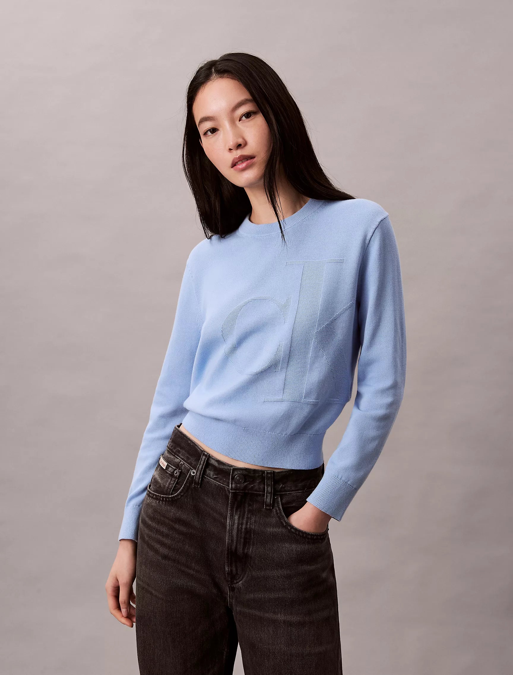 Calvin Klein Womens' Smooth Cotton Monogram Sweater Frozen Fjord