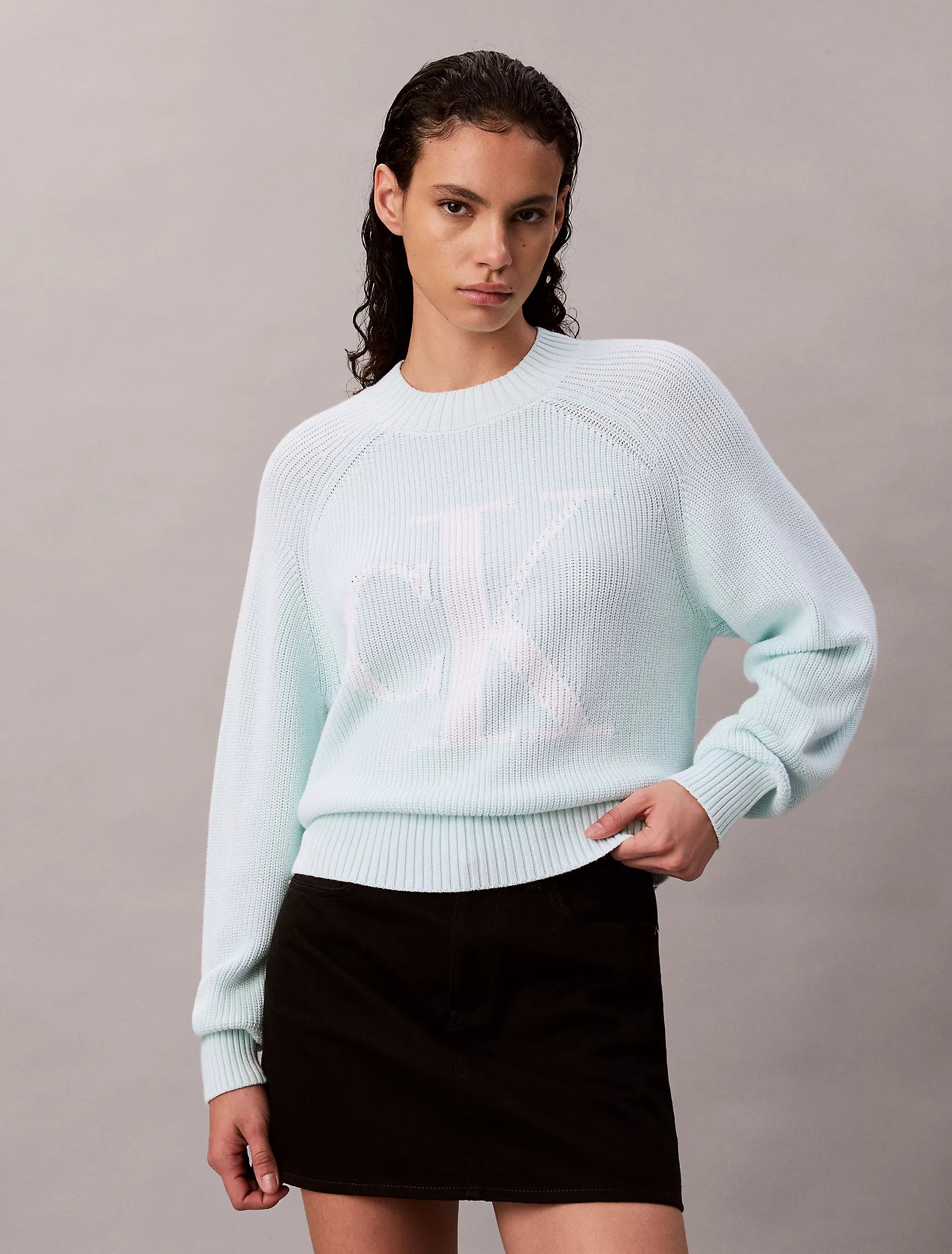 Calvin Klein Womens' Smooth Cotton Monogram Rib Classic Sweater Aqua Breeze