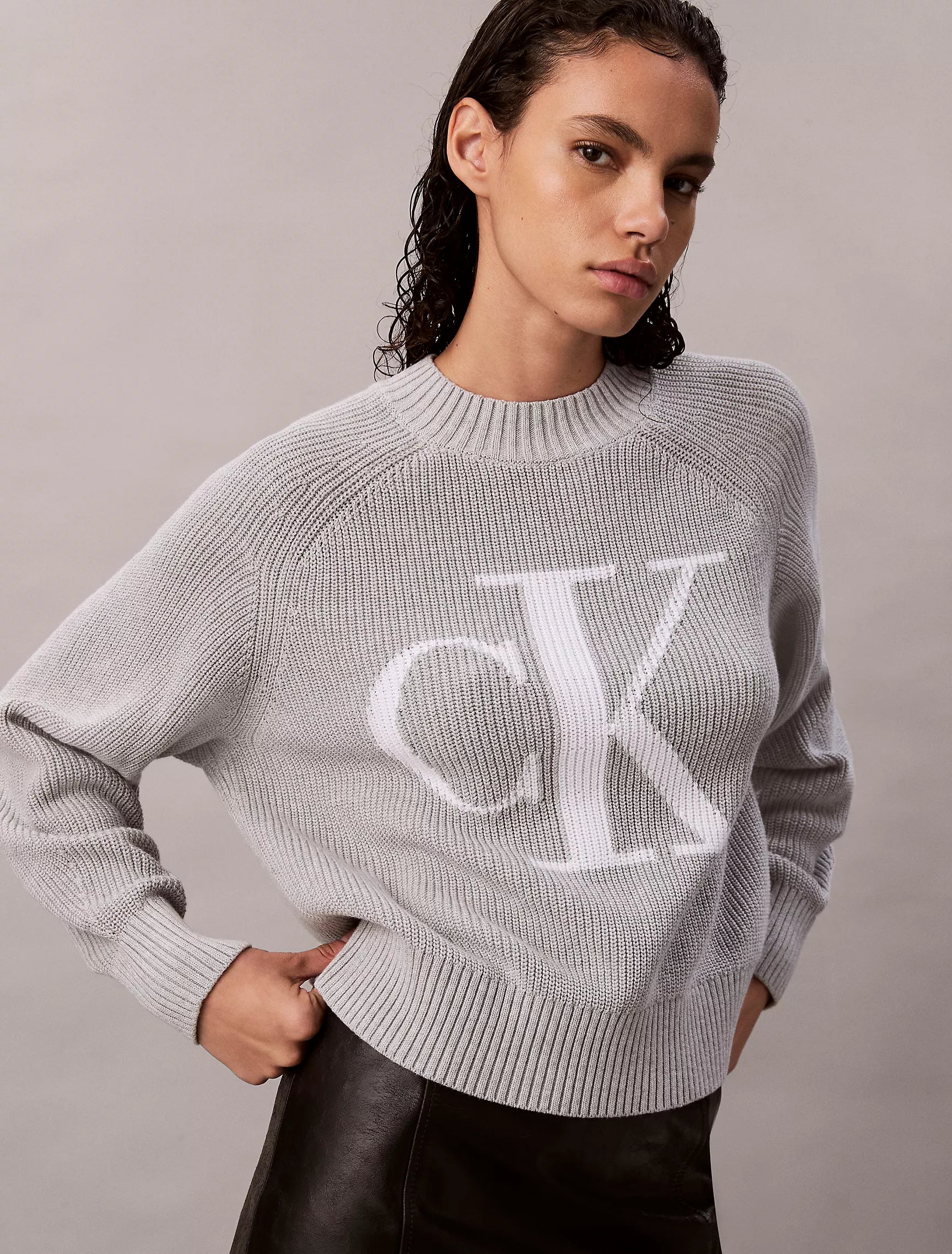 Calvin Klein Womens' Smooth Cotton Monogram Rib Classic Sweater