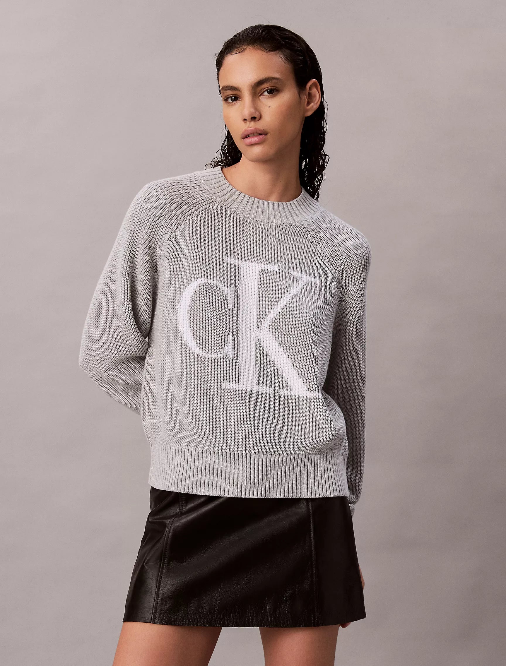Calvin Klein Womens' Smooth Cotton Monogram Rib Classic Sweater