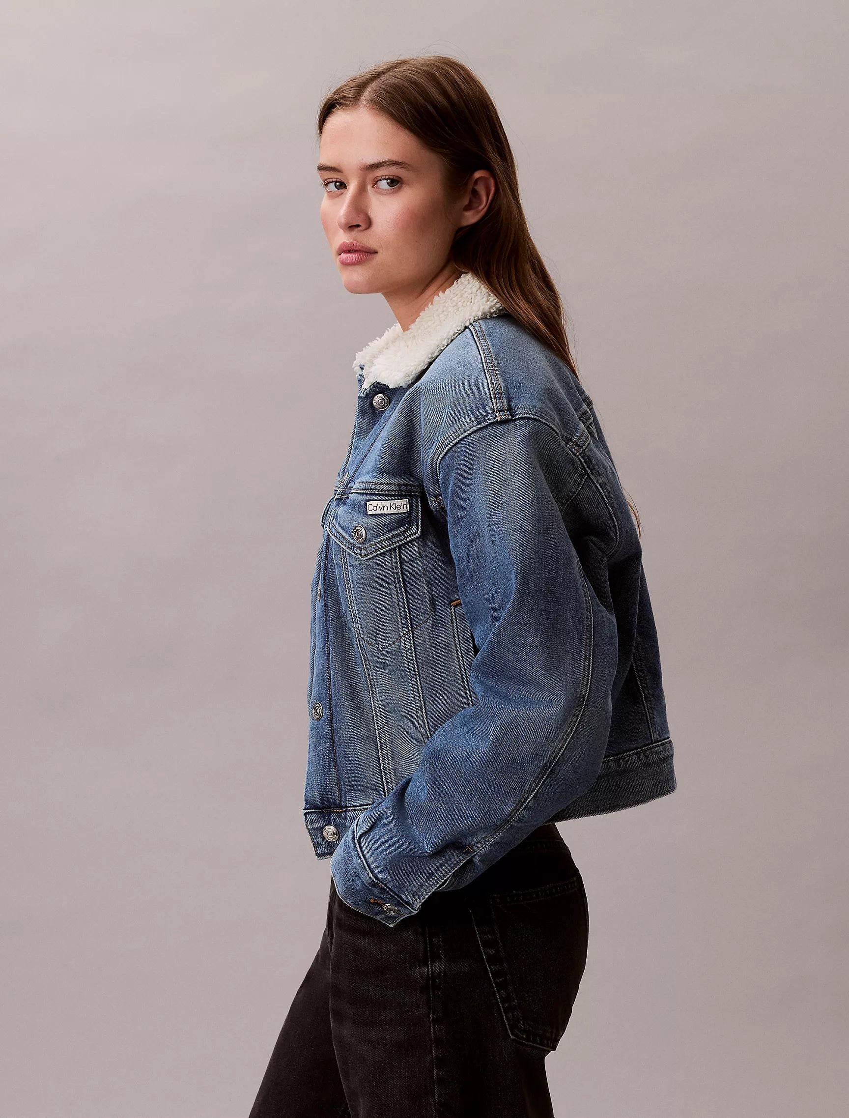 Calvin Klein WOMENS' Denim Sherpa Trucker Jacket